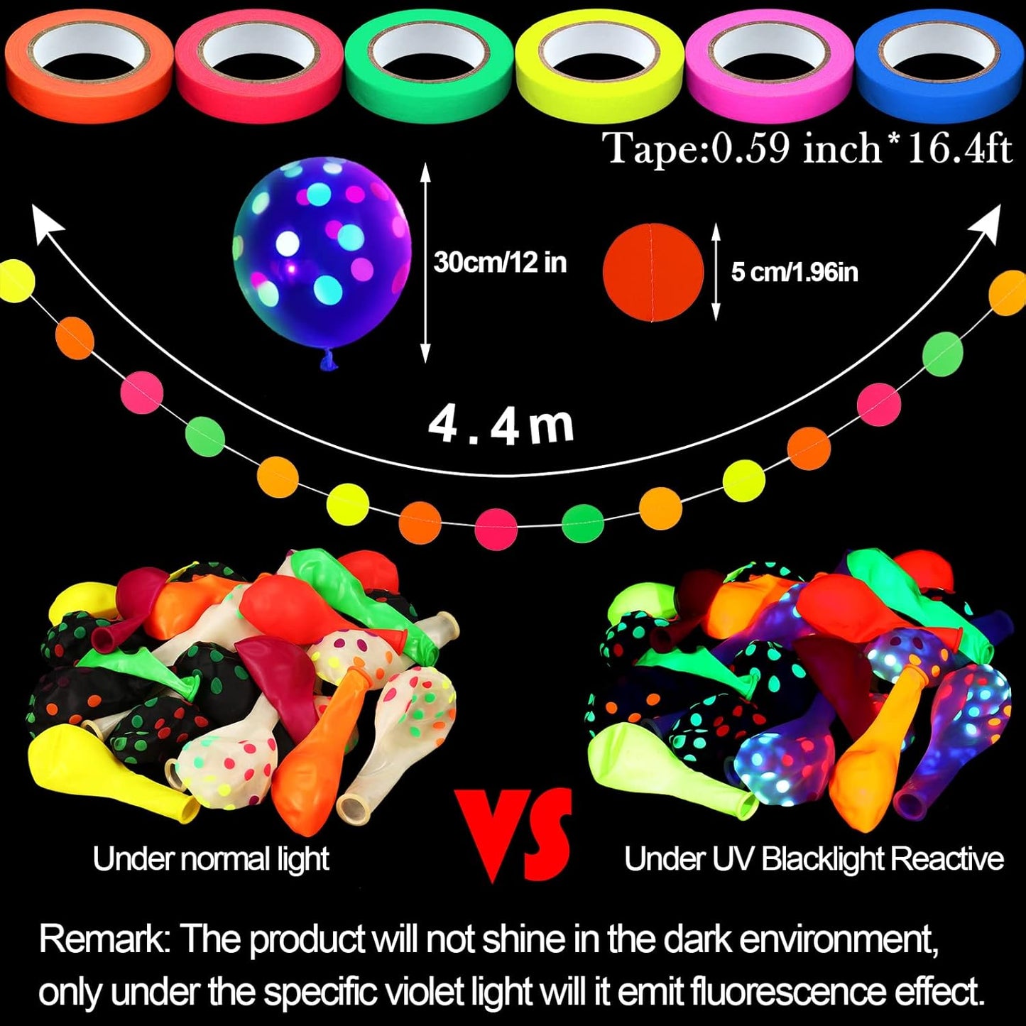 32 Pcs Glow in The Dark Party Supplies Christmas Neon Party Favors with 25 Fluorescent Balloon 6 Rolls 98.4 ft UV Blacklight Luminous Tape 14.4 ft Neon Streamer Garland for Adults(Classic Big Dot)