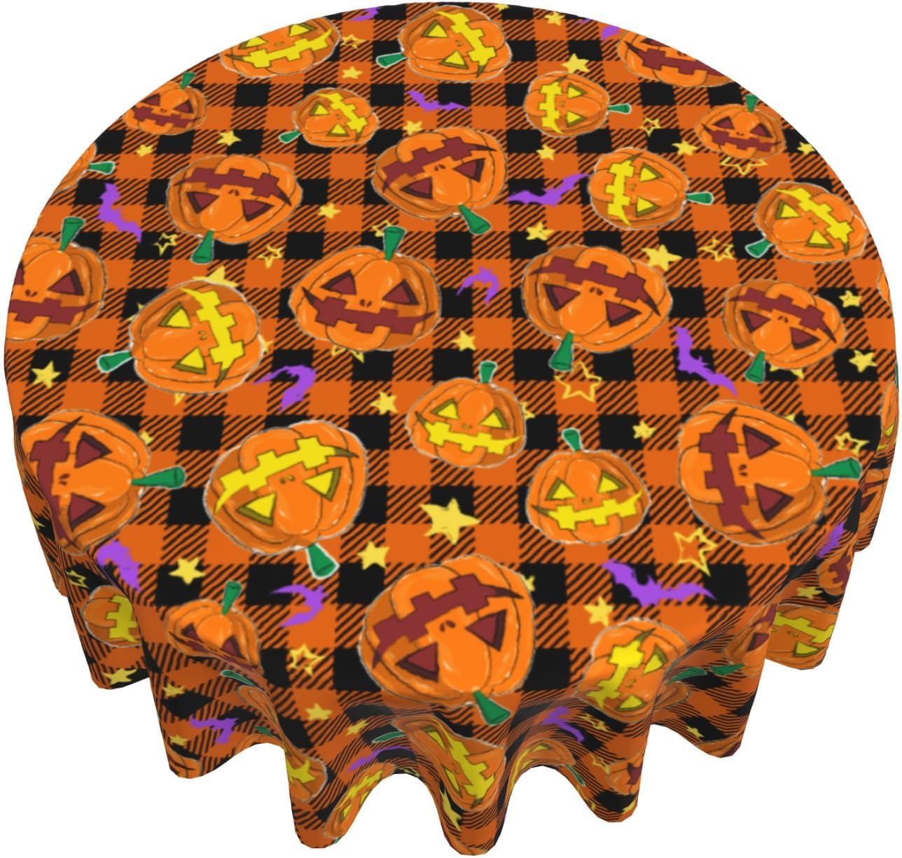Giwawa Happy Halloween Round Tablecloth 60 Inch Spooky Pumpkins Bats Checkered Circle Table Cover Orange Black Buffalo Plaids Table Cloth Washable Polyester for Dining Kitchen Party Holiday Decor
