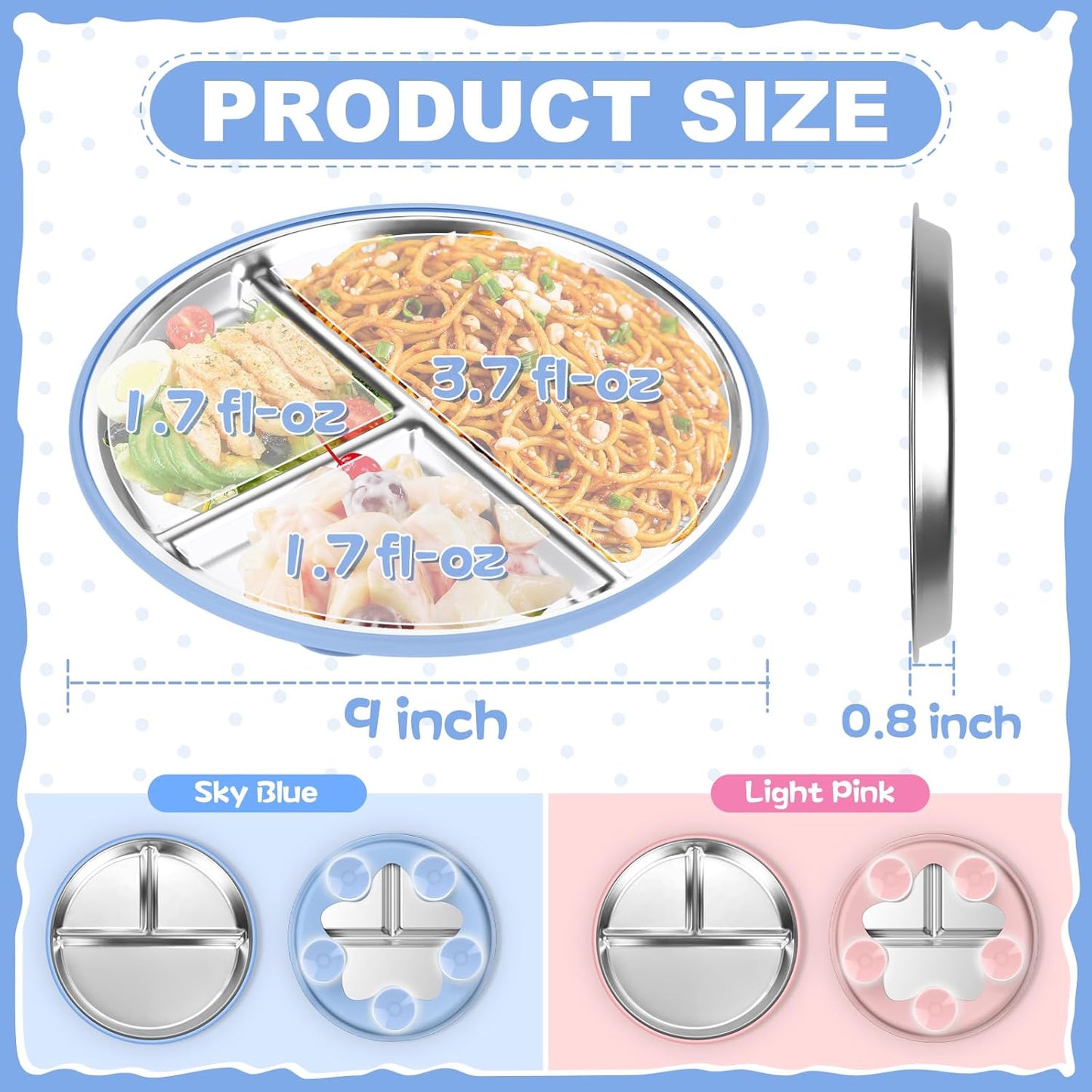 OVV Stainless Steel Kids Plates (2 Pack) 9 Inch Toddler Divided Plates with ﻿Removable Silicone Sleeves & 5 Suction Cups Baby Self Feeding | Mess-Free Mealtime | Dishwasher Safe
