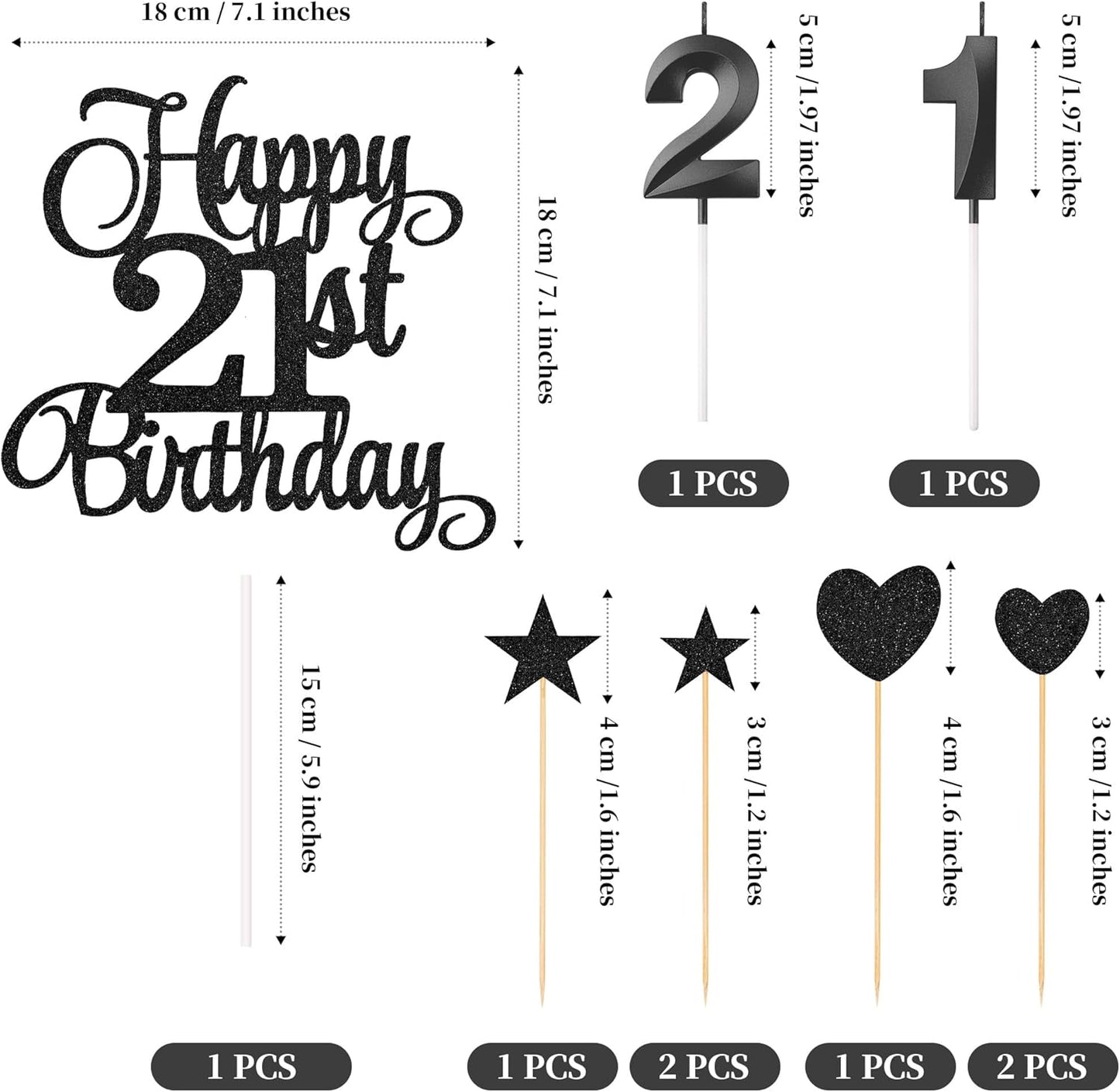 21st Birthday Cake Toppers, 21st Birthday Candles Numeral Candles and Glitter Cake Decorations Toppers Set for Party Supplies (Black)