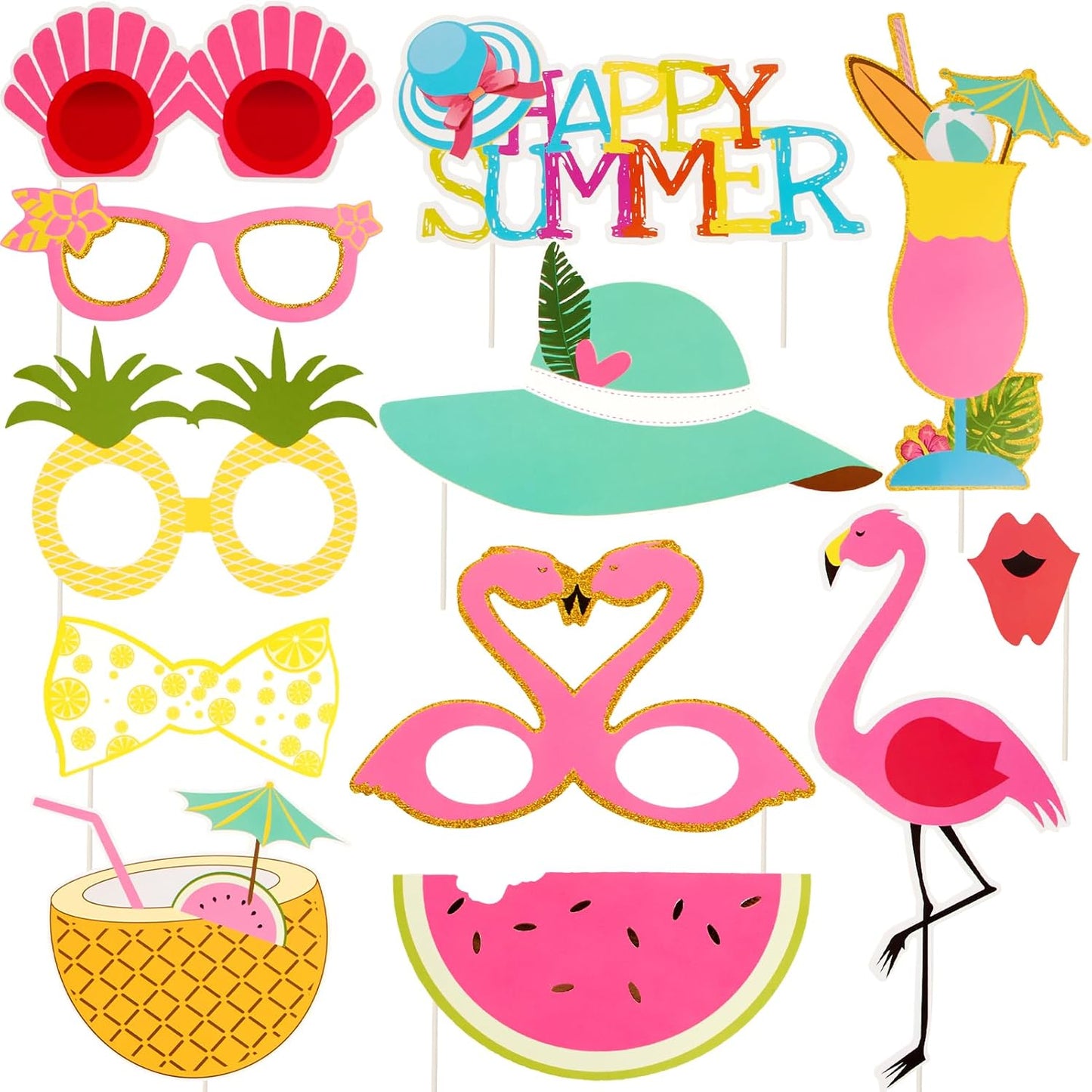 SUNBEAUTY 12 Pcs Summer Photo Booth Props Beach Summer Pool Party Decorations Luau Photo Booth Props Tropical Tiki Beach Pool Party Favors for Baby Shower, Birthday, Hawaii