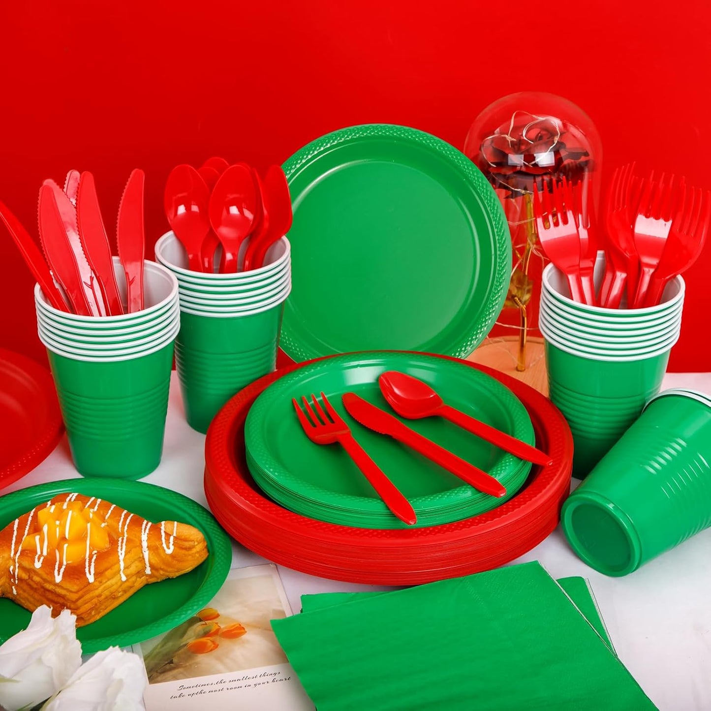 WELLIFE 210Pcs Chrastmas Plates Disposable,Red and Green Plastic Plates,Including red Dinner Plates,Green Dessert Plates, Red Plastic Cutlery, 12OZ green Cups and Napkins,Serve 30 Guests for Chrastmas