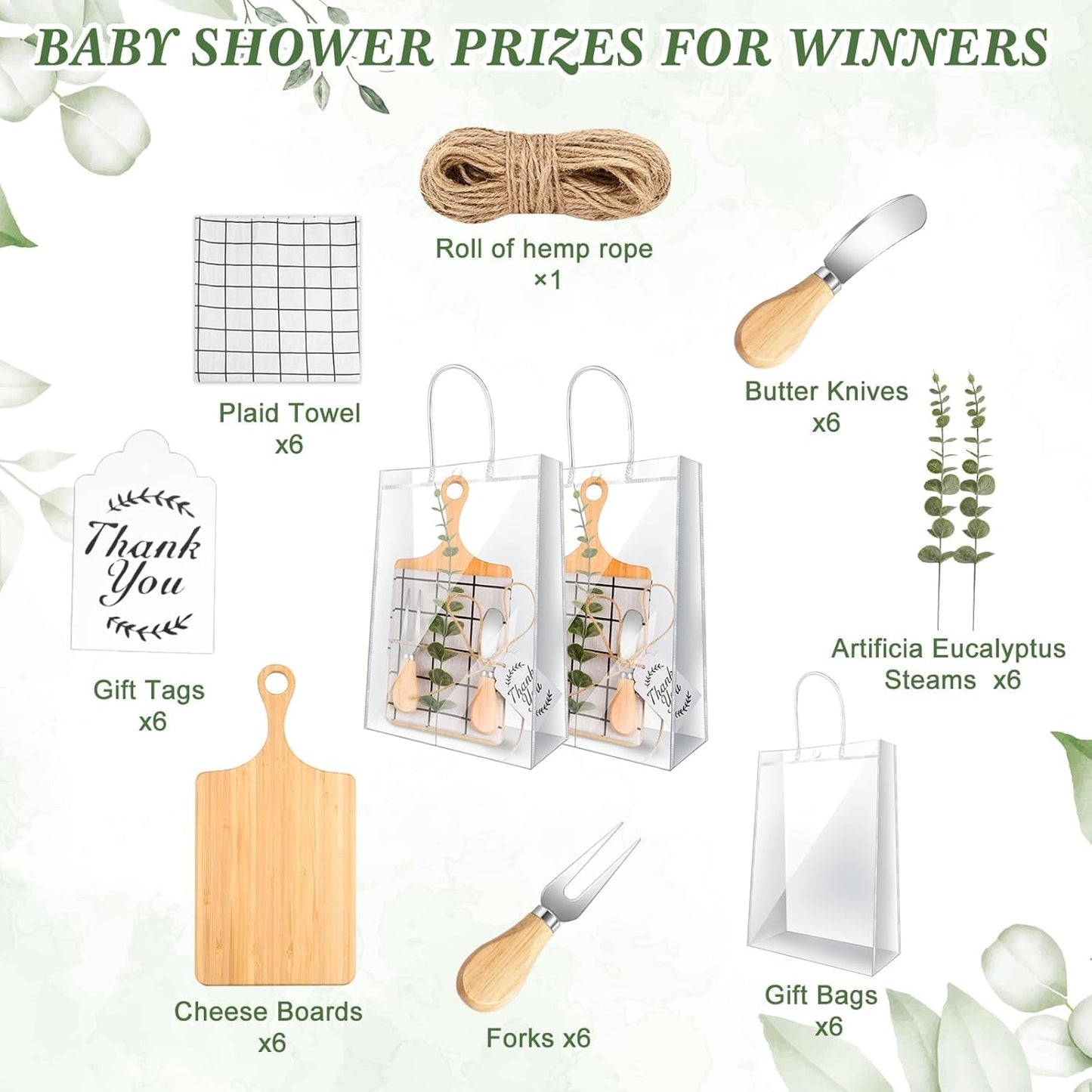 6 Sets Baby Shower Prizes for Game Player for Baby Shower Winners Wedding Bridal Favors with Bamboo Cheese Board Bamboo Spoon Placemats Artificial Eucalyptus Stems Tags Bags for Wedding Bridal Favors