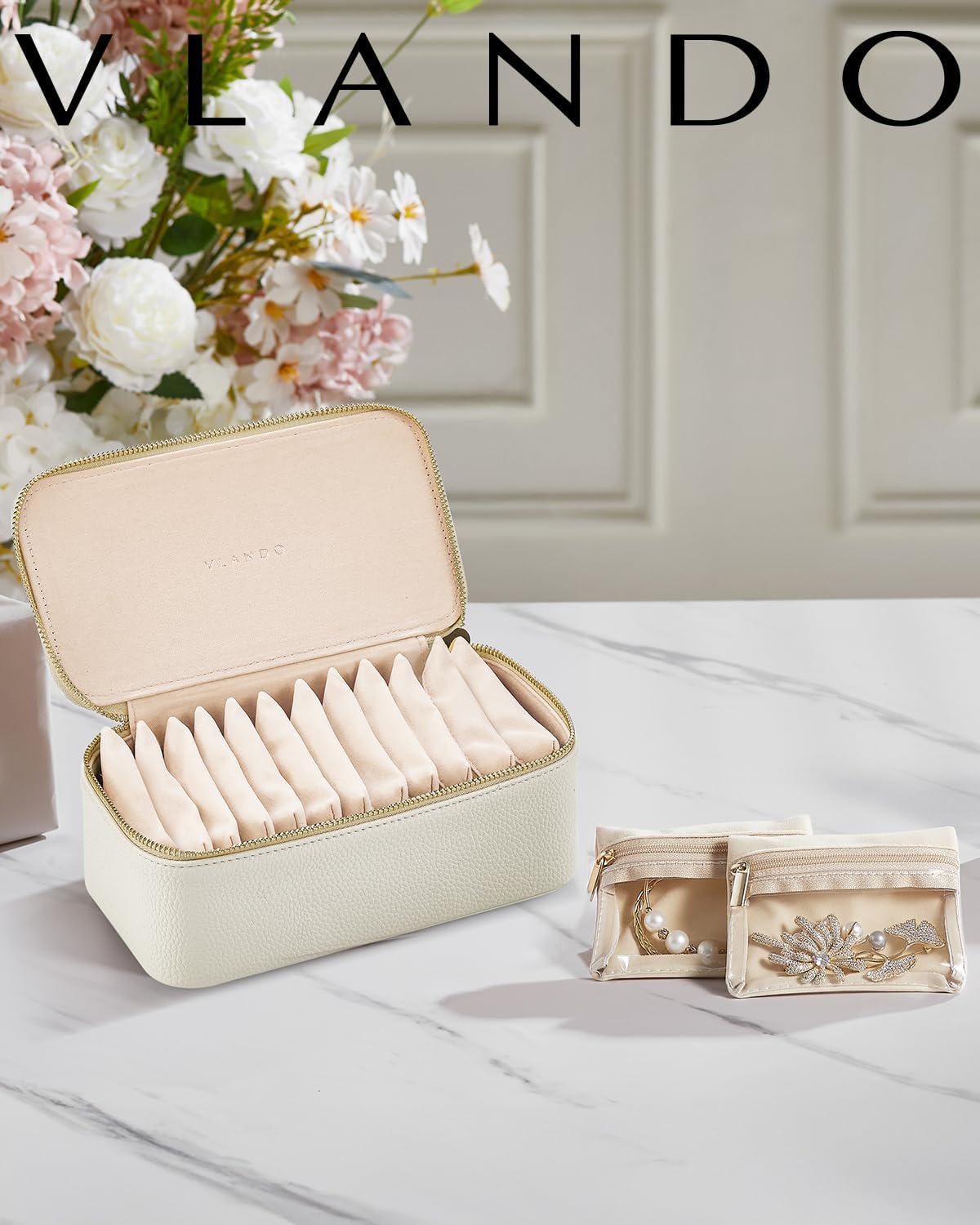 Vlando Travel Jewelry Case,Jewelry Box with 12 Velvet Jewelry Pouch Jewelry Travel Organizer for Women Girl Jewelry Case Necklace Rings Earrings Bags Wedding Gifts (White)