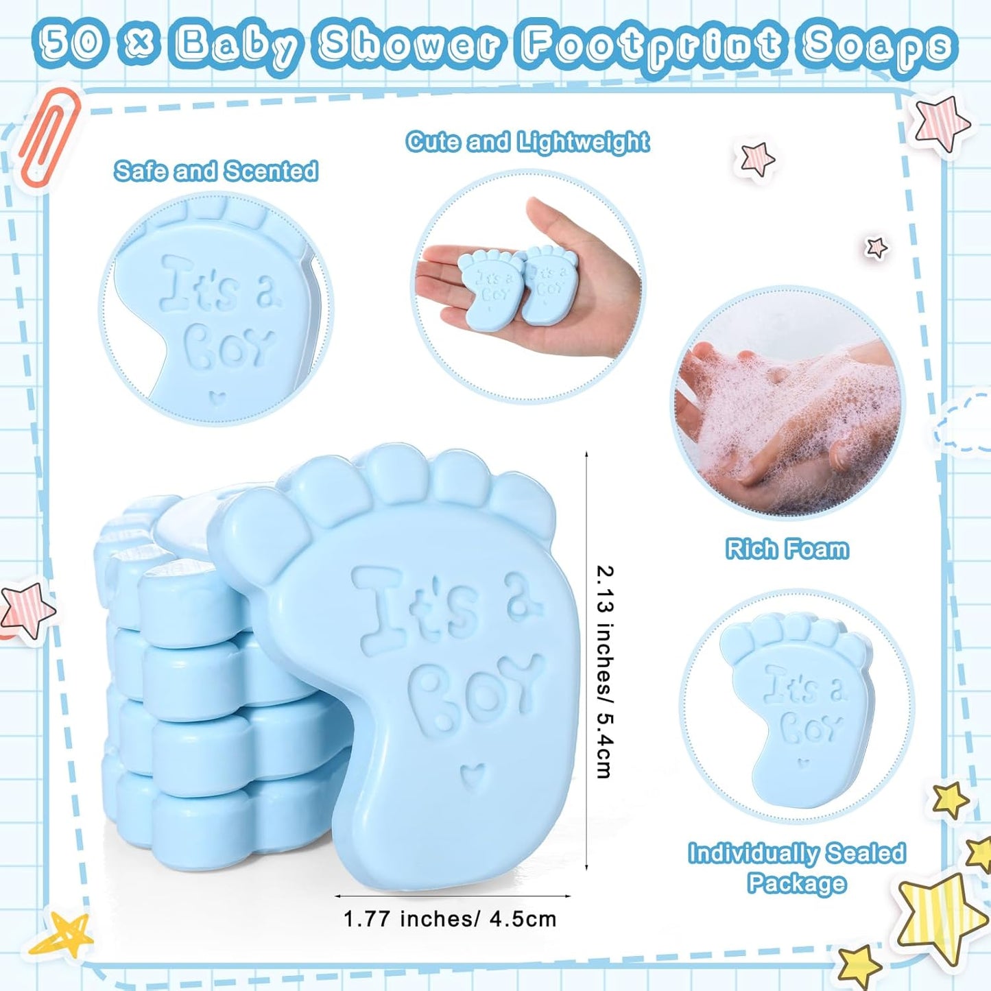 50 Sets Baby Shower Soap Favors for Guests Boy Girl Mini Handmade Scented Soaps with Thank You Tags and Organza Bags for Shower Gender Reveal Party Favors(It's A Boy,Blue Baby Feet)