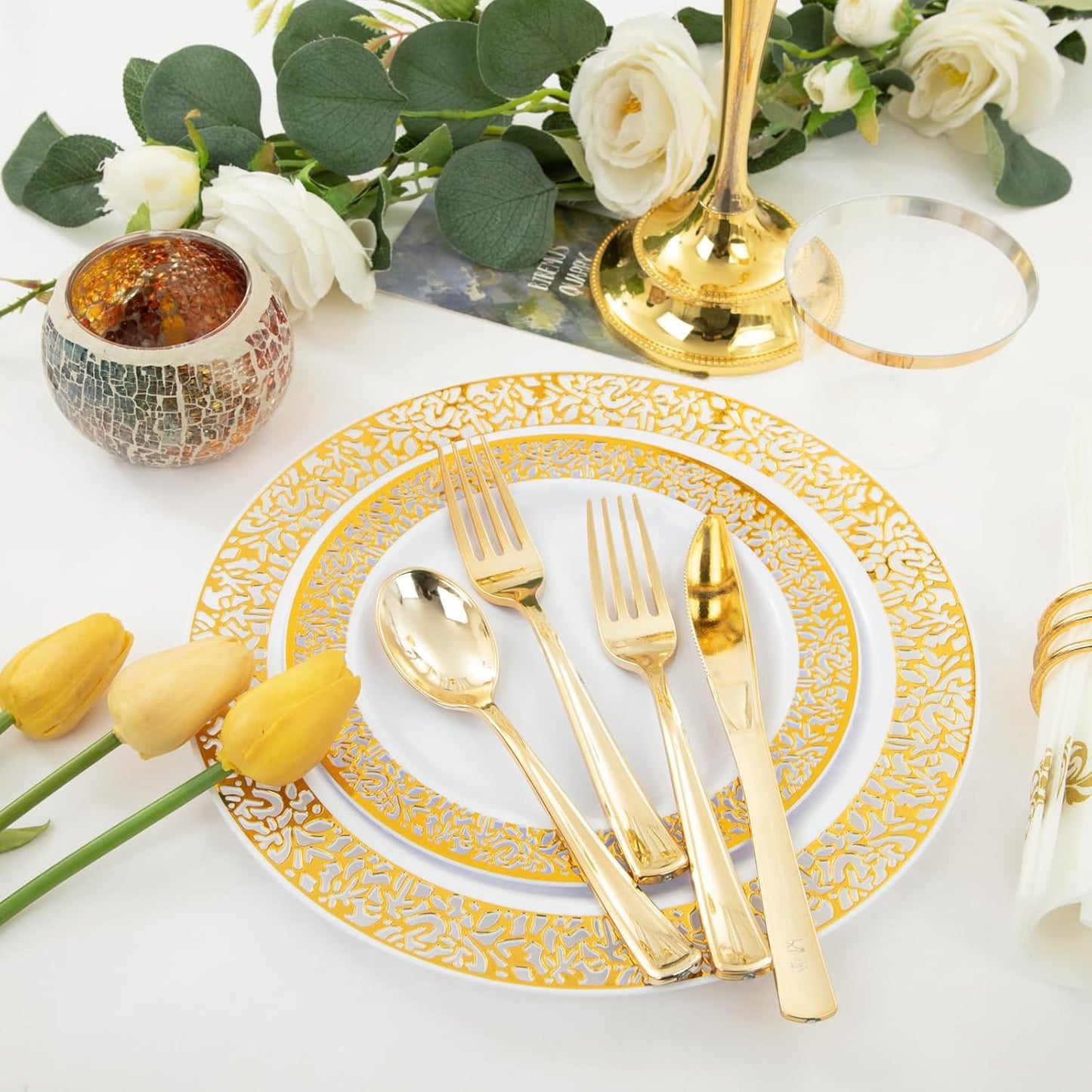 WELLIFE 350Pcs Gold Dinnerware Sets, Plates and Napkins Party Supplies Include:50 Dinner Plates, 50 Dessert Plates, 50 Paper Napkins, 50 Cups, 50 Gold Plastic Cutlery Set