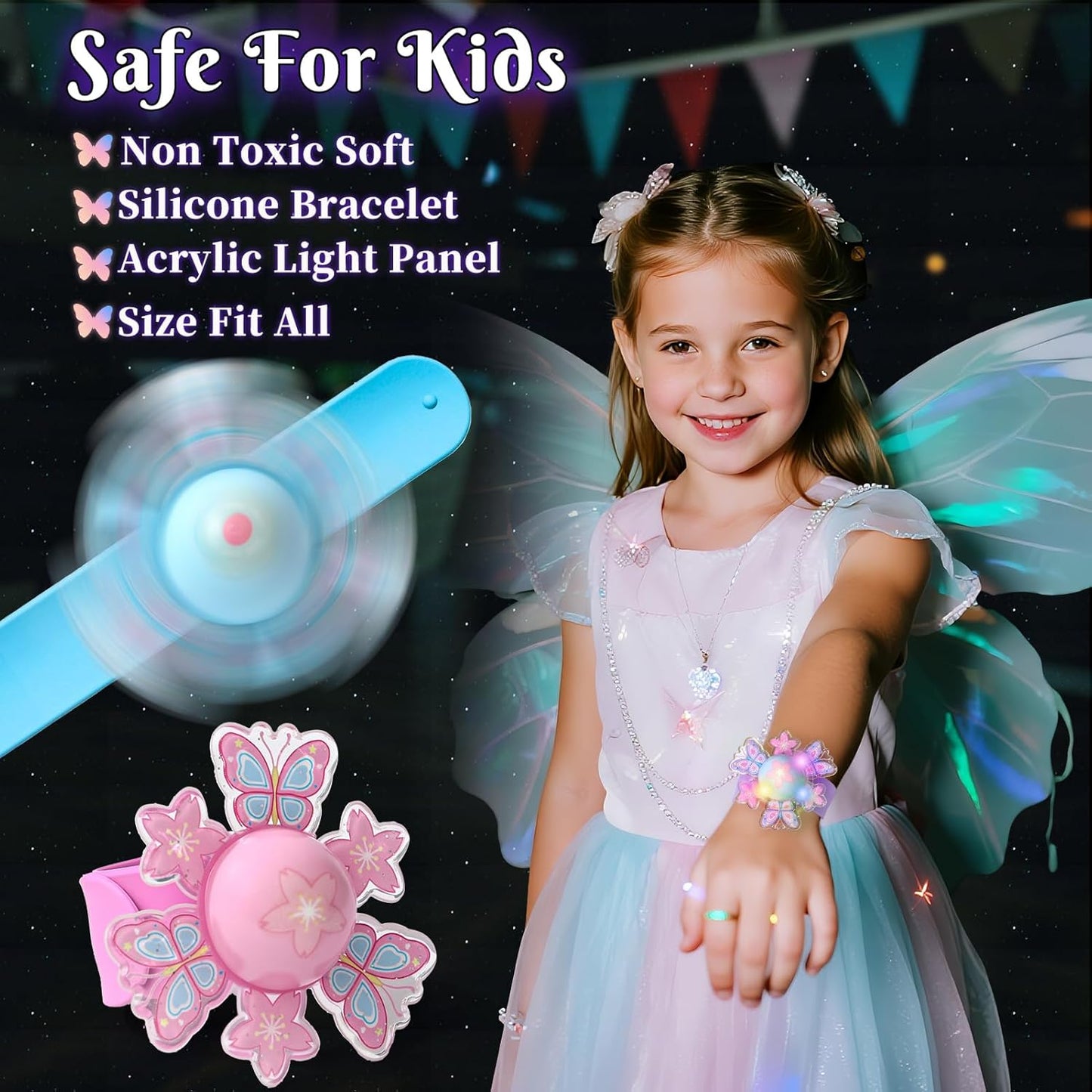 12Pcs LED Light Up Rotating Slap Bracelets Butterfly Party Favors Glow Bracelets, Glow In The Dark Party Supplies Birthday Gifts Classroom Rewards Goodie Bag Stuffers for Kids Boys Girls