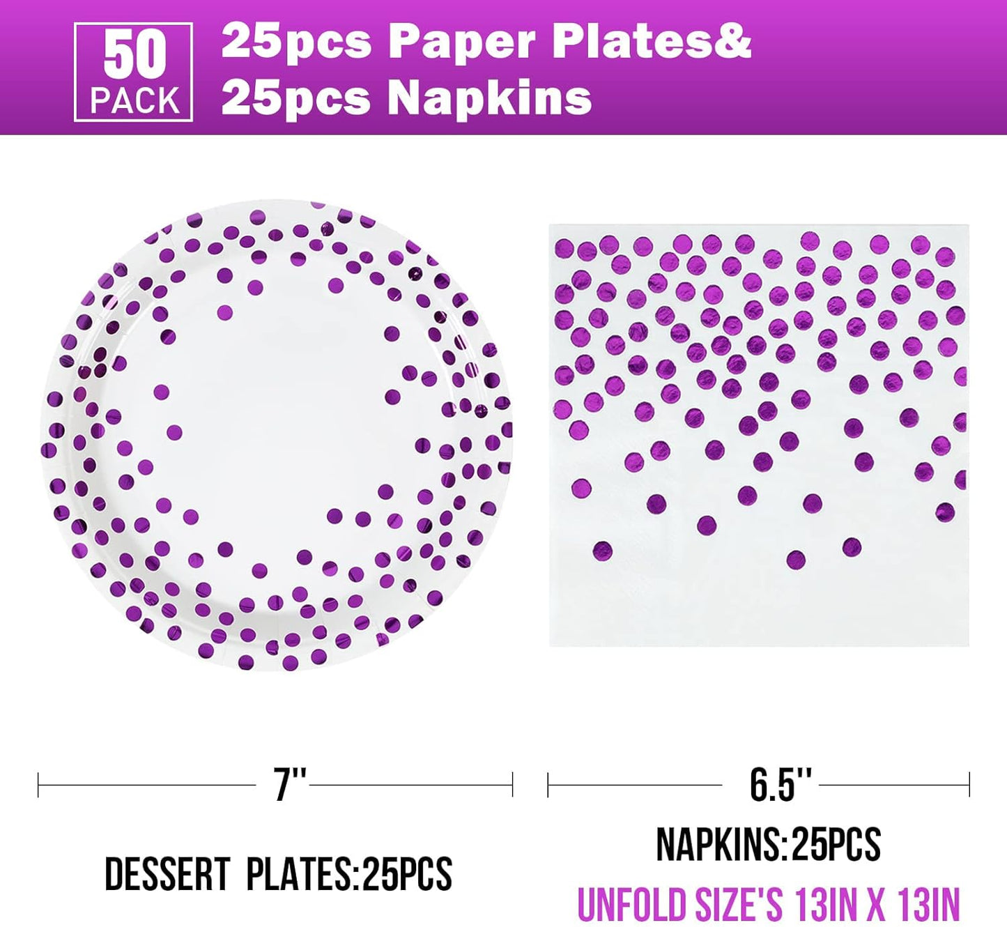 White Purple Paper Plates and Napkins-50 Pack-25 * 7" Paper Plates & 25 * 6.5" Napkins,Party Supplies for Birthdays Receptions and All Occasions