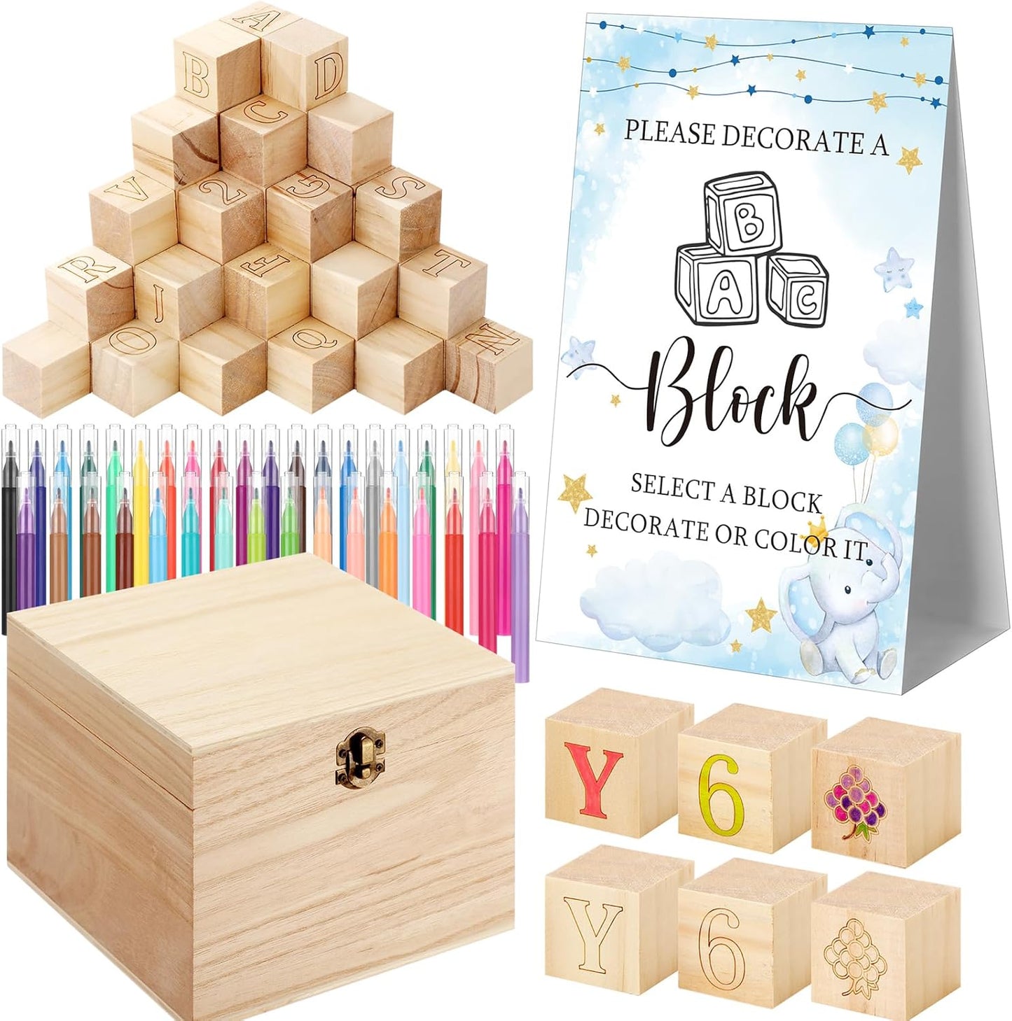 Marsui 136 Pcs Baby Shower Blocks to Decorate Game Kit Includes 98 Wooden Blocks, 36 Markers, 1 Game Sign, 1 Storage Box for Baby Shower Gender Reveal Activity Party Decorations(Blue Elephant)