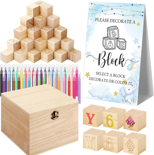 Marsui 136 Pcs Baby Shower Blocks to Decorate Game Kit Includes 98 Wooden Blocks, 36 Markers, 1 Game Sign, 1 Storage Box for Baby Shower Gender Reveal Activity Party Decorations(Blue Elephant)