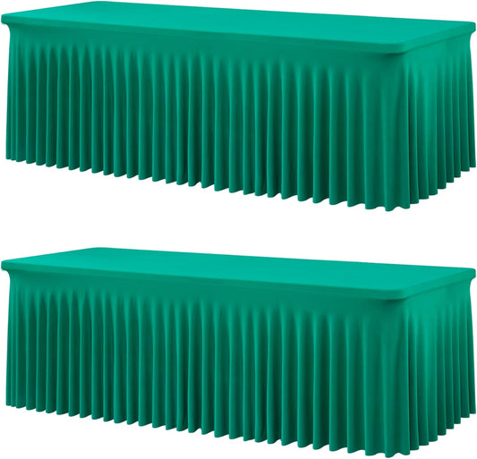 2 Pack Emerald Green Spandex Tablecloths for 8 Foot Rectangle Tables, Wrinkle Free Fitted Table Cloths Green 8ft Stretchy Table Cloth Cover with Skirt for Parties Weddings Birthday Banquet Baby Shower