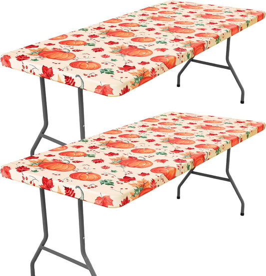 Spandex 6 Foot Rectangle Thanksgiving Table Cloth 2 Pack, Elastic Fitted Tablecloths for Picnic, Stretch Washable Patio Table Cover for Autumn Harvest Parties (Pumpkin Leaf, 30"x72")