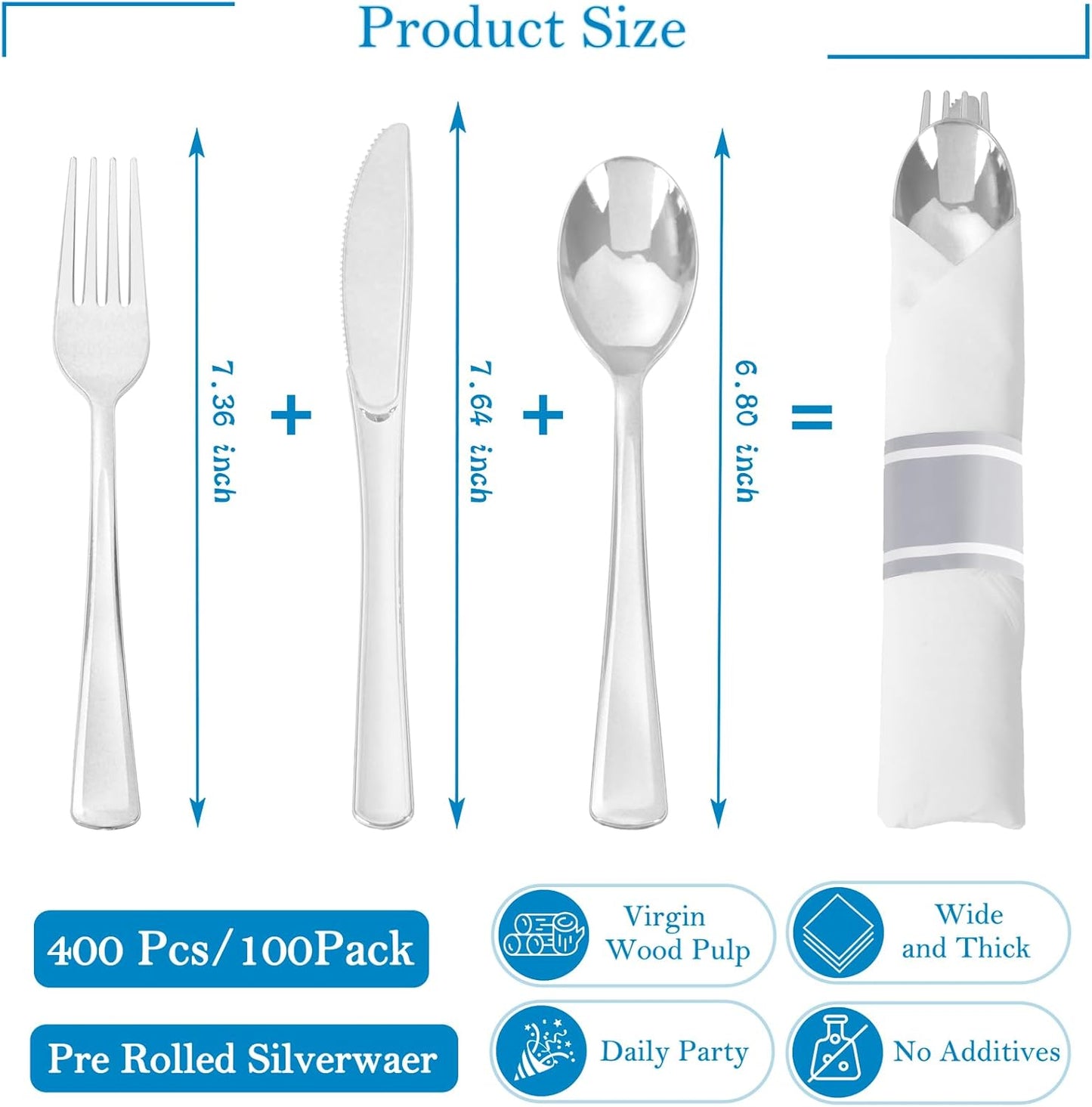 Supernal 100 Pack Silver Plastic Silverware Pre Rolled Silverware Set Disposable Cutlery Set Includes 100 Forks,100 Spoons,100 Knives and 100 Napkins,Plastic Utensils for Party,Wedding,Birthday