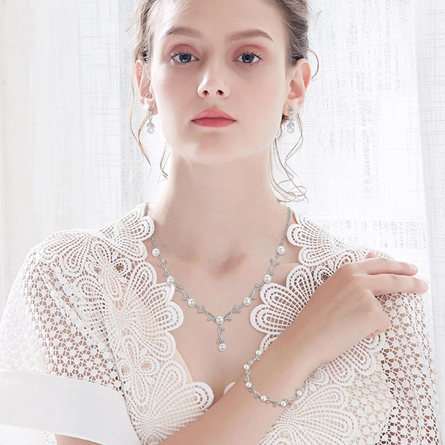 Hadskiss Jewelry Set for Women, Necklace Dangle Earrings Bracelet Set with White AAA Cubic Zirconia, Allergy Free Wedding Party Jewelry for Bridal Bridesmaid