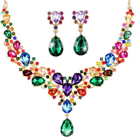 Hicarer Bridal Teardrop Cluster Crystal Jewelry Set for Women Necklace Earrings Wedding