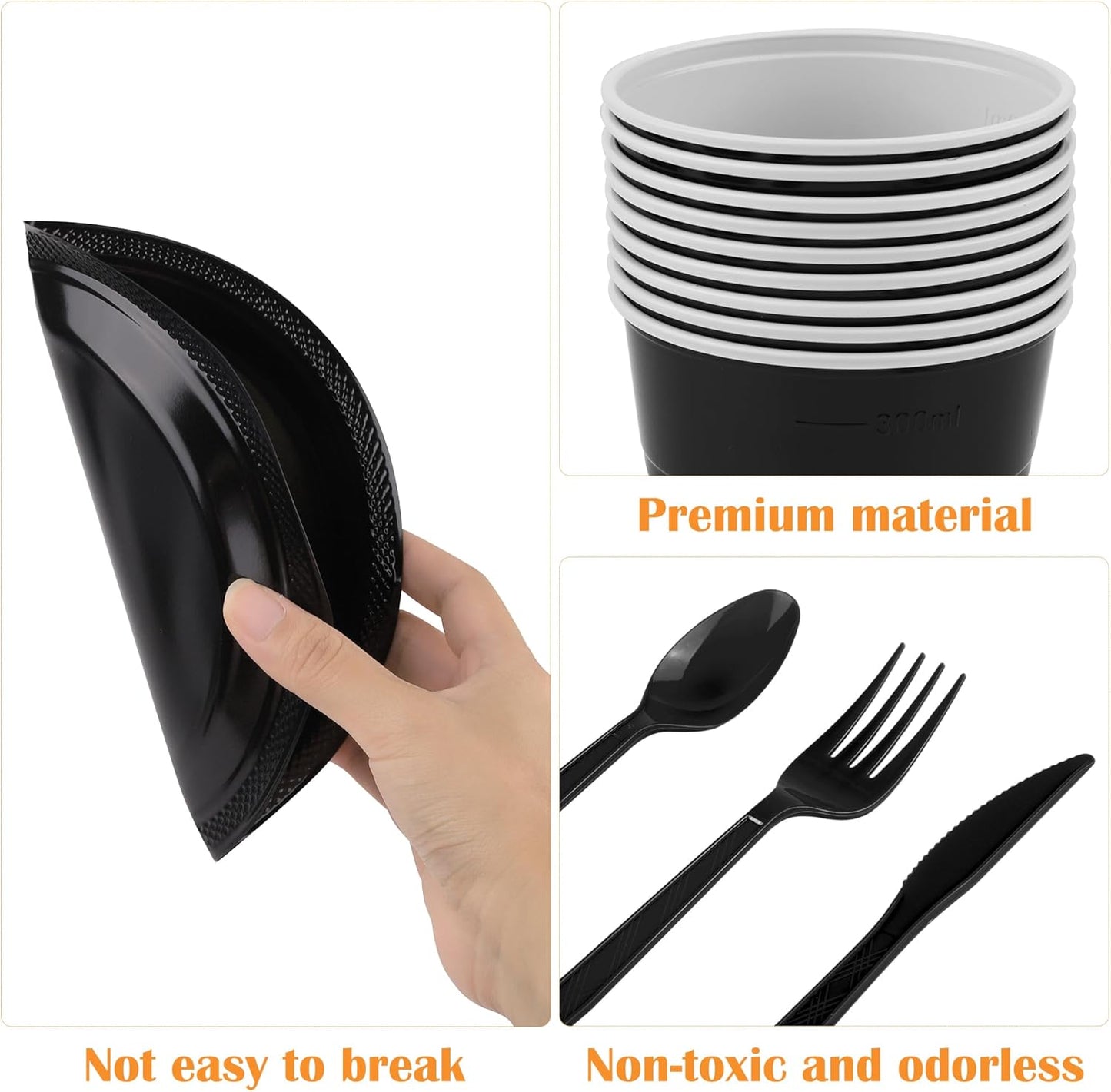 Aodaer 400 Pieces Black Party Supplies Disposable Dinnerware Set Include Plastic Plates Cups Knives Forks Spoons Paper Napkins for Birthday Wedding Graduation Parties, Serve 50 Guests