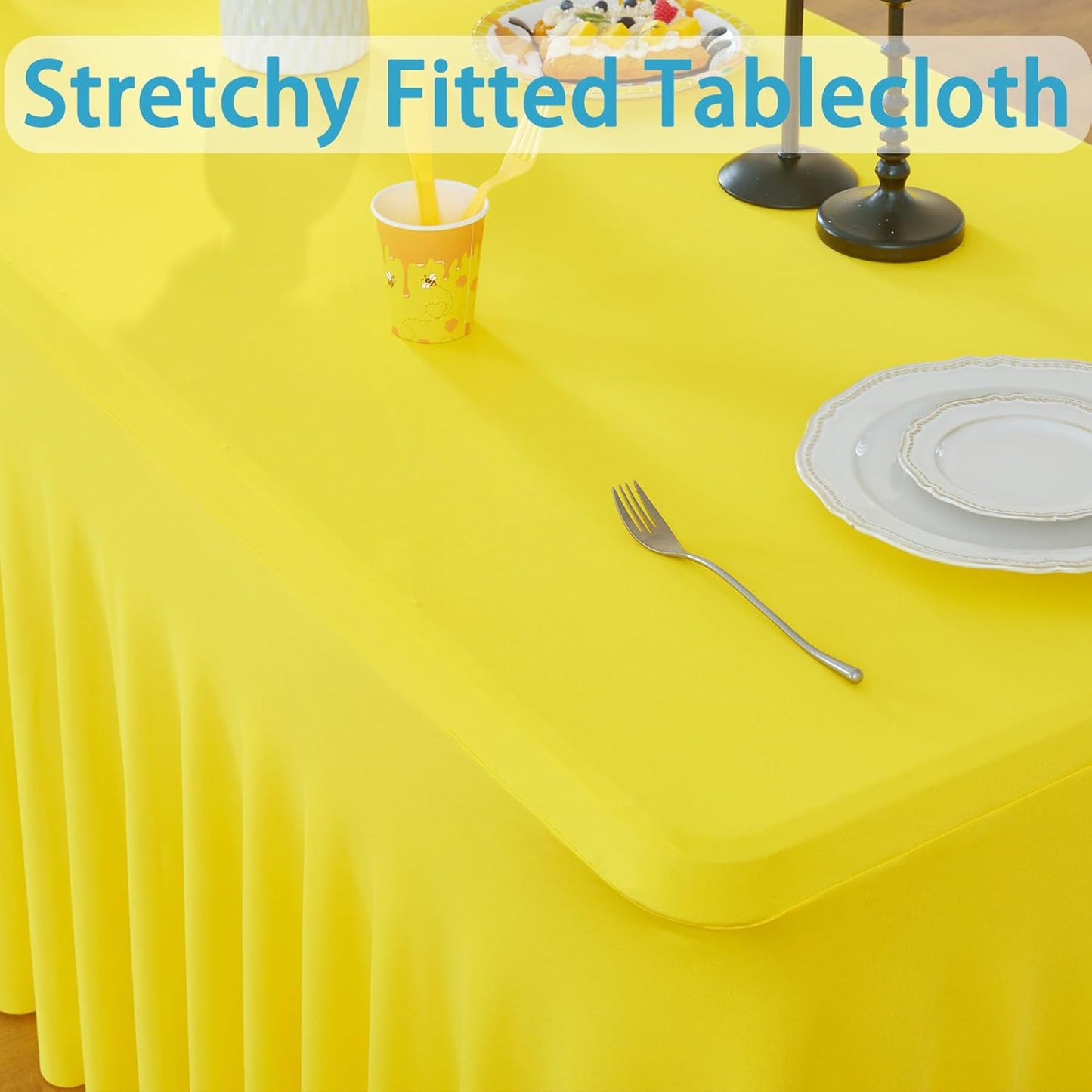 2 Pack Yellow Spandex Table Clothes for 6 Foot Rectangle Tables, Wrinkle Free Lemon Fitted Table Cover 6ft Stretch Tablecloths Desk Skirt for Parties Weddings Birthday Banquet Baby Shower