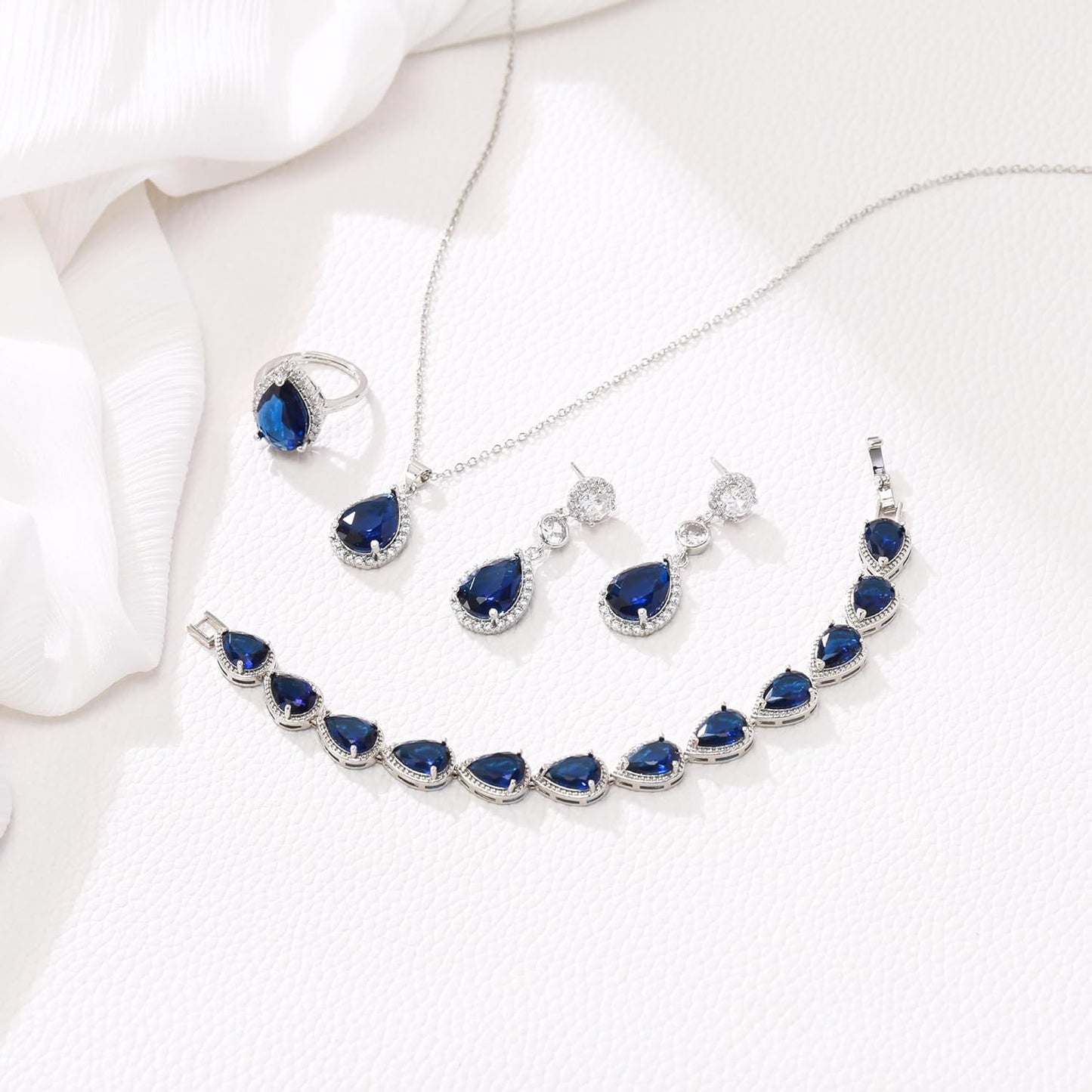 EleQueen Water Drop Pendant Necklace Long Dangle Earrings Tennis Bracelet Set, Sparkle Cubic Zirconia Teardrop Wedding Jewelry Sets for Bride Bridesmaid