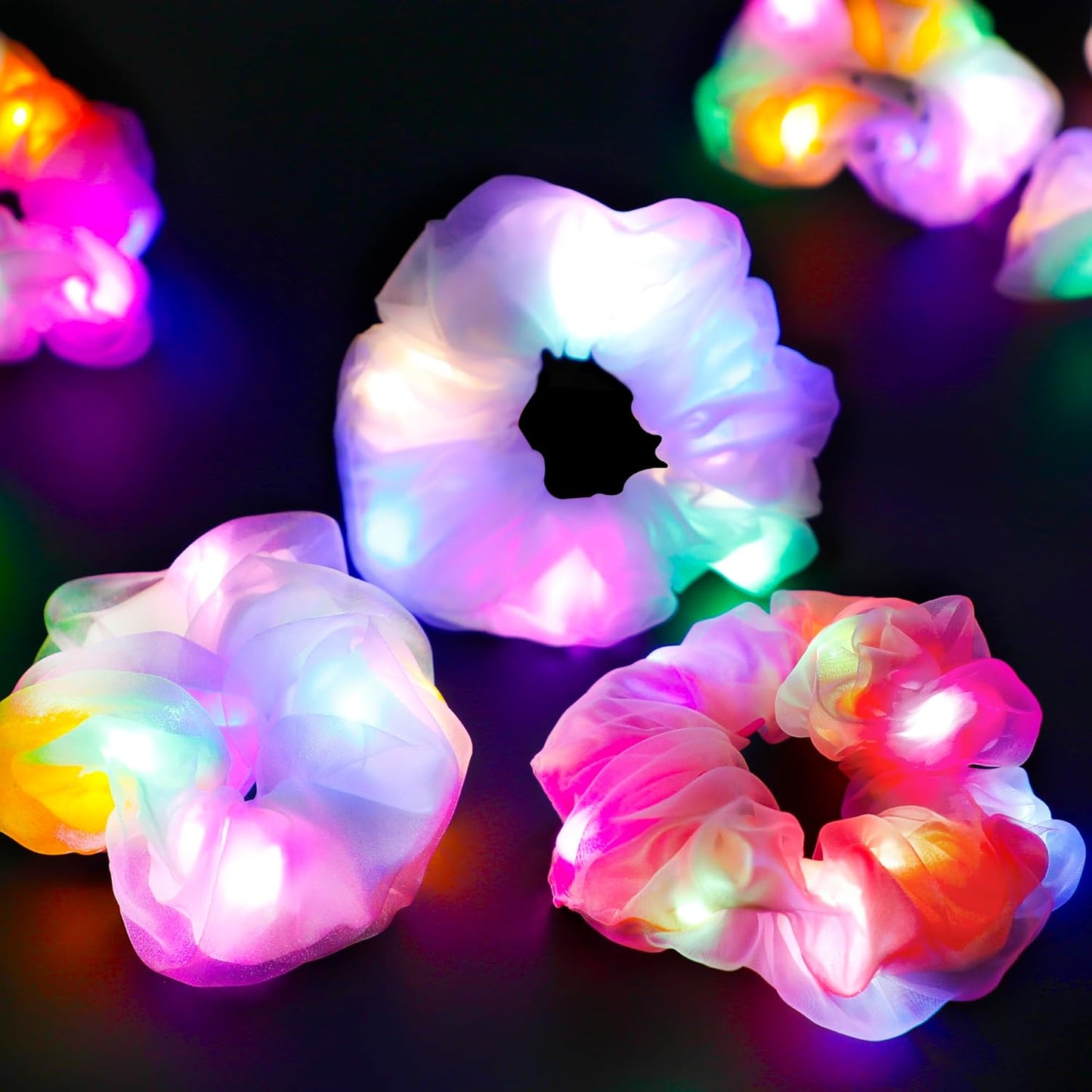 12 Pcs Light Up Scrunchies - Double-Layer Colorful Hair Ties, LED Rave Accessories for Girls & Women, Glow Neon Party/Festival/Birthday Hairstyles