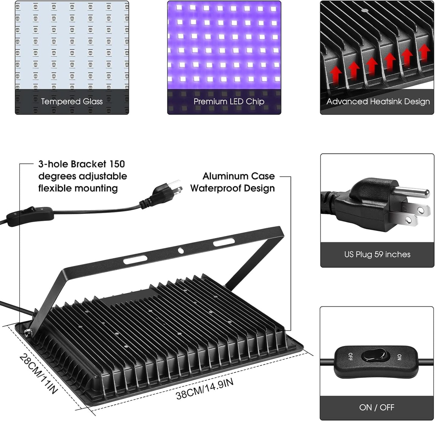 2 Pack 400W LED Black Light,Black Flood Light Outdoor with Plug and Switch, IP66 Waterproof 395nm to 405nm LED UV Blacklight Neon Glow for Glow Party, Halloween, Fluorescent Poster, Body Paint