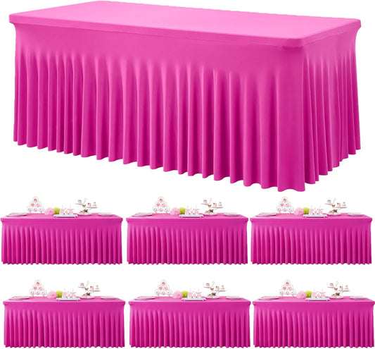 6 Pack Hot Pink Spandex Tablecloth for 6 Foot Rectangle Tables, Wrinkle Free Fitted Table Cloth Cover 6ft Fuchsia Stretchy Tablecloths with Skirt for Parties Weddings Birthday Banquet Baby Shower
