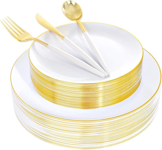 Supernal 150pcs White and Gold Plastic Plates,Gold Plastic Silverware,White Dinnerware Set Includes 60 Plates,30 Forks,30 Knives,30 Spoons For Weddings Celebrations