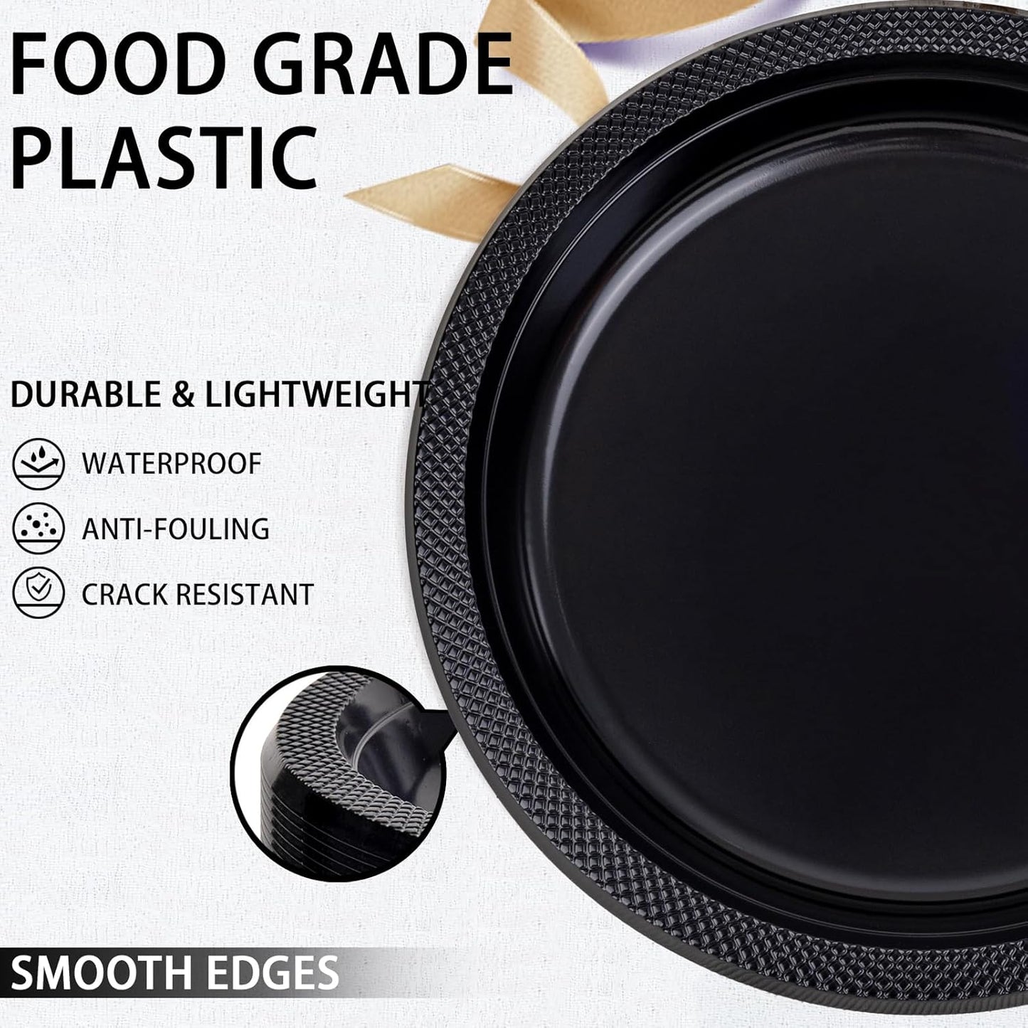 WELLIFE Black Plastic Plates 10 Inch -150 Count for Party, Plastic Disposable Dinner Plates for Halloween Picnic BBQ