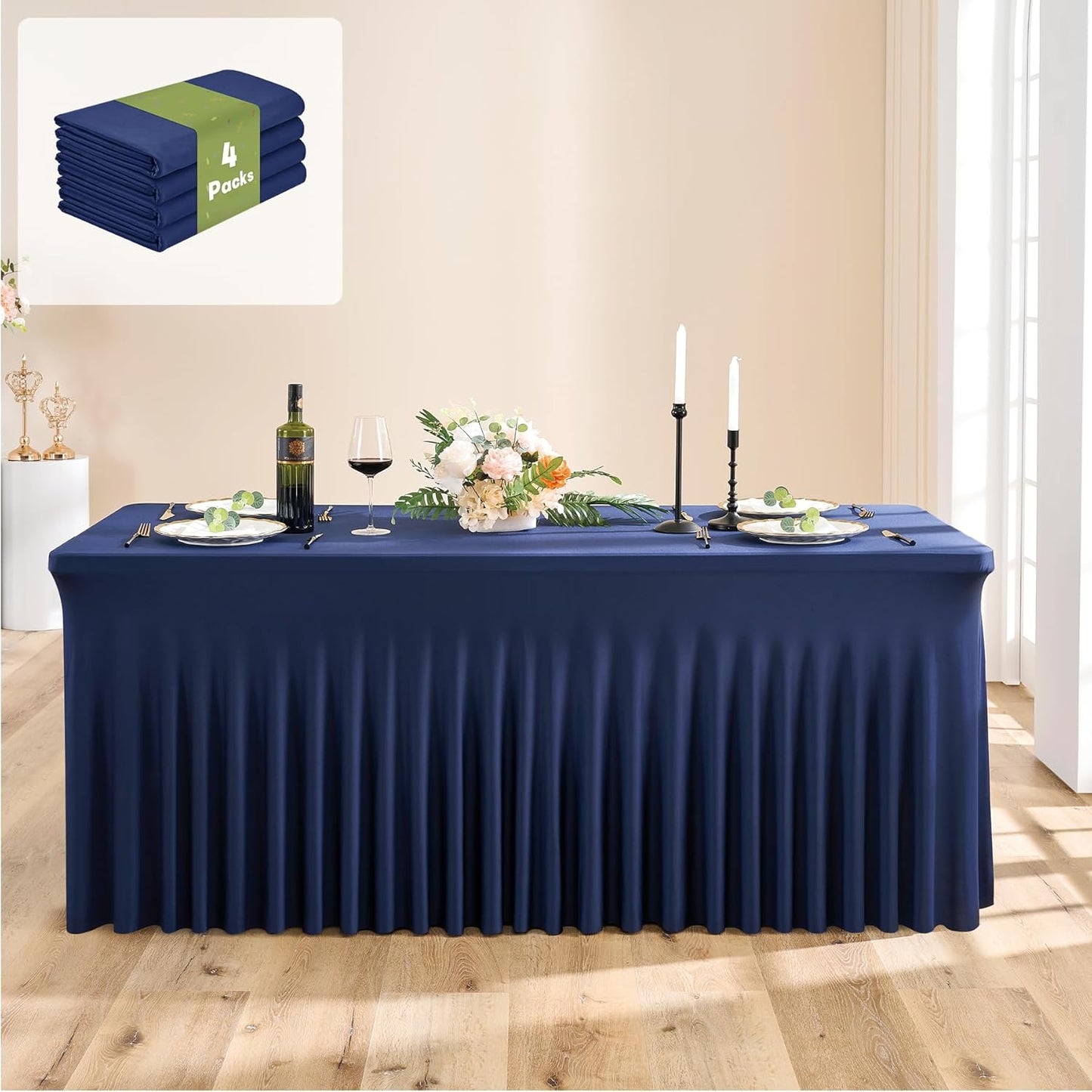Leegleri 4 Pack Navy Blue Spandex Tablecloths for 8ft Rectangle Tables, Wrinkle Free Fitted Table Cloths with Skirt for Parties Weddings Birthday Banquets