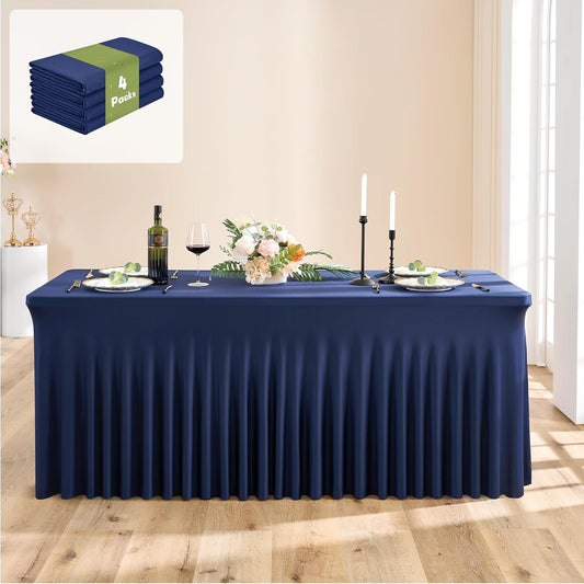 leegleri 4 Pack Navy Blue Spandex Table Clothes for 6 Foot Rectangle Tables, Wrinkle Free Fitted Table Cover 6ft Stretch Tablecloths with Skirt for Parties Weddings Birthday Banquet Baby Shower