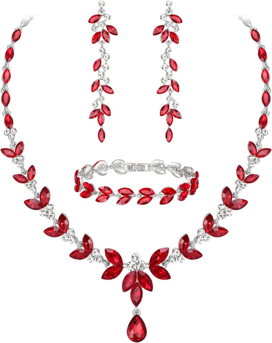 EVER FAITH Austrian Crystal Bridal Bridesmaid Jewelry Sets, Elegant Marquise Rhinestone Leaf Necklace Dangle Earrings Tennis Bracelet Set for Women