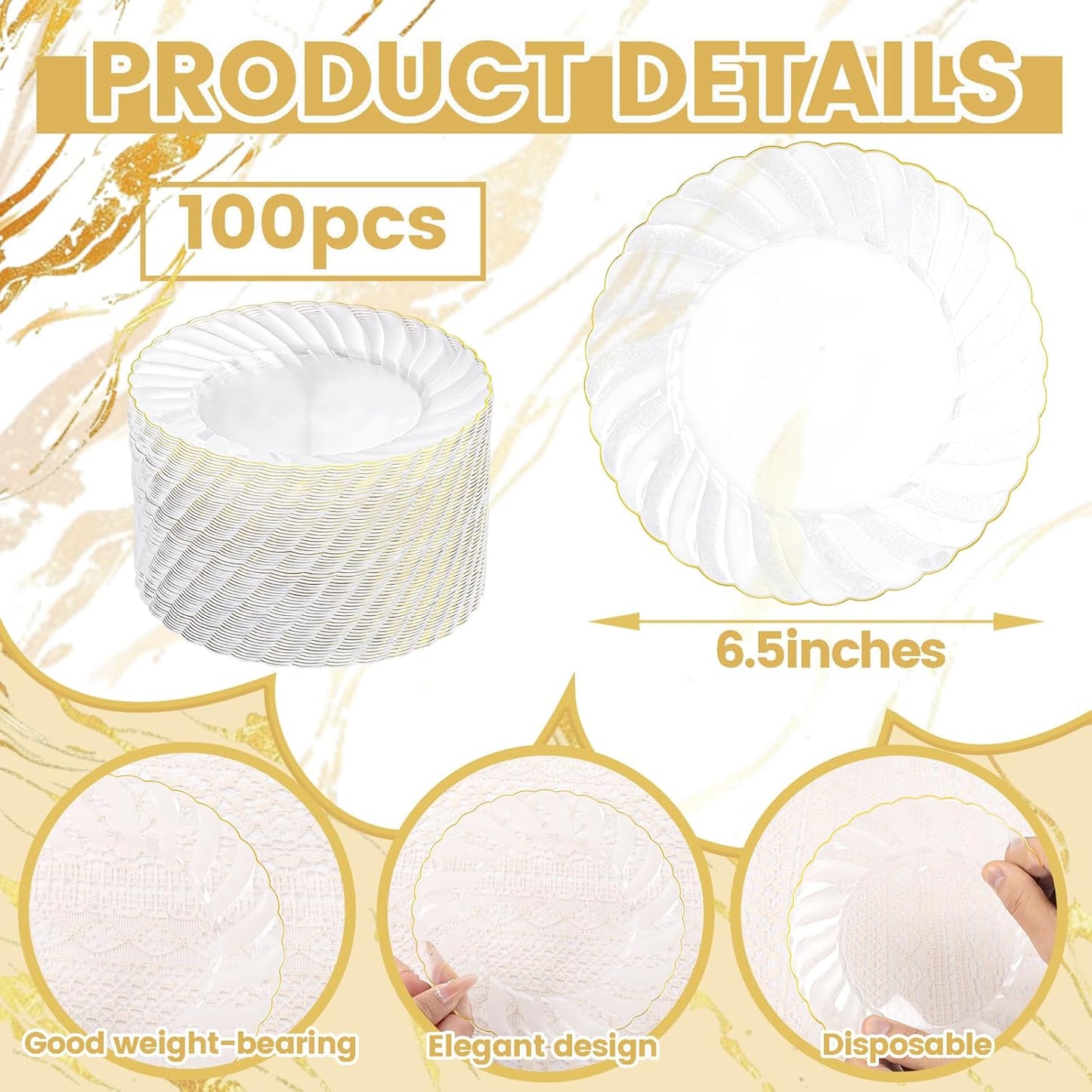 YOUBET 100 Pack Clear Gold Plastic Plates - 6.5 Inch Clear Disposable Plates with Gold Rim - High End Elegant Vintage Dessert Salad Plate for Birthday Parties & Wedding & Thanksgiving