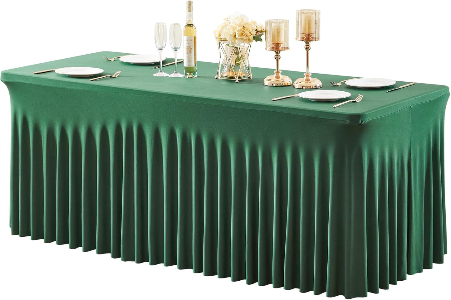 1 Pack Green Table Clothes for 4 Foot Rectangle Tables, One-Piece Wrinkle Resistant Stretch Spandex Table Covers Chistmas Table Skirt for Event Banquet Wedding Birthday Party