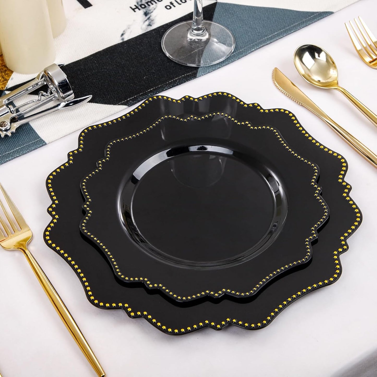 COLOSUS Black Plastic Plates Set,Heavy Duty Black Disposable Plates for 50 guests,Include 50PCS 10.5inch Dinner Plate and 50PCS 8.25 inch Dessert Plate for Halloween Party/Wedding/New Year/Birthday