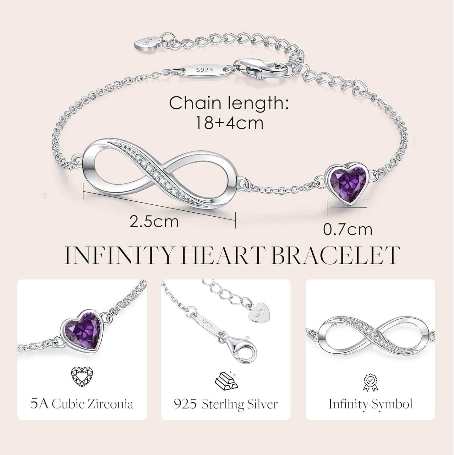 CDE Infinity Heart Birthstone Charm Link Bracelet for Women 925 Sterling Silver Adjustable Mother's Day Christmas Day Gift Anniversary Birthday Jewelry for Wife Girlfriend Her