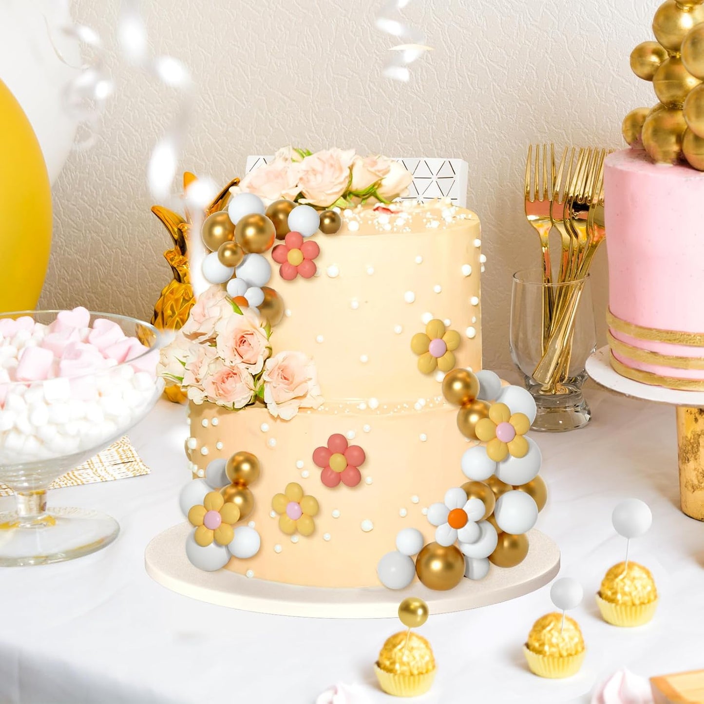 61 Pcs Boho Cake Topper Balls Decorations Mini Balloon Retro Hippie Daisy Flower Acrylic Cake Topper for Birthday Party Wedding Rainbow Baby Shower (White Gold)