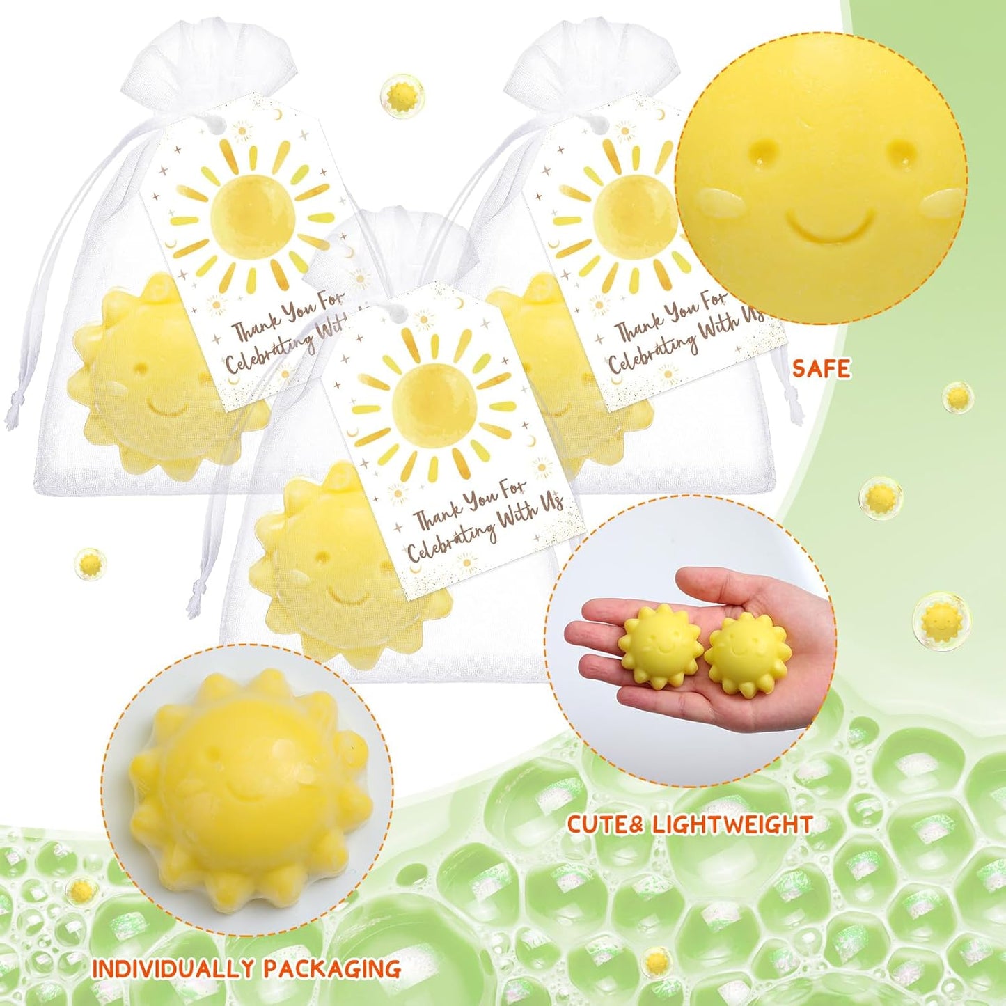 Loopeer 36 Sets Sun Soaps for Baby Shower Party Favors Mini Handmade Sunshine Soap Gifts with Thank You Card for Guest Gender Reveal Party Decor(Yellow)