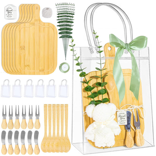 6 Sets Baby Shower Prizes for Game Winners - Bamboo Cheese Charcuterie Boards Set with Knife, Spoon, Towel & Gift Bags for Guests, Bridal Shower Favors