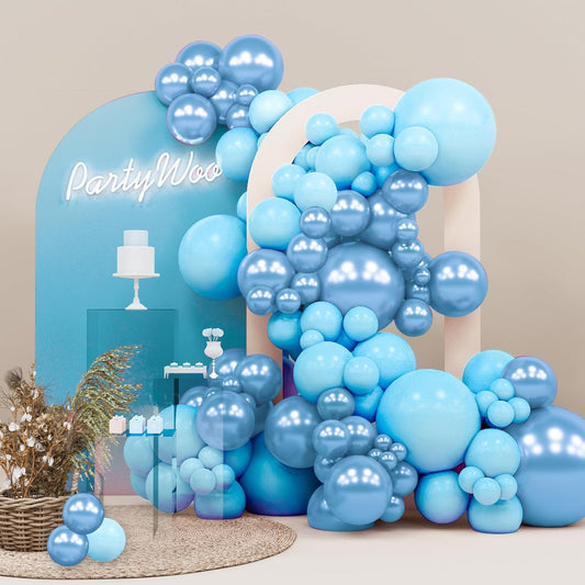 PartyWoo Light Blue Balloons, 140 pcs Light Blue and Metallic Blue Balloons Different Sizes Pack of 18 Inch 12 Inch 10 Inch 5 Inch for Balloon Garland Arch as Birthday Decorations, Party Decorations