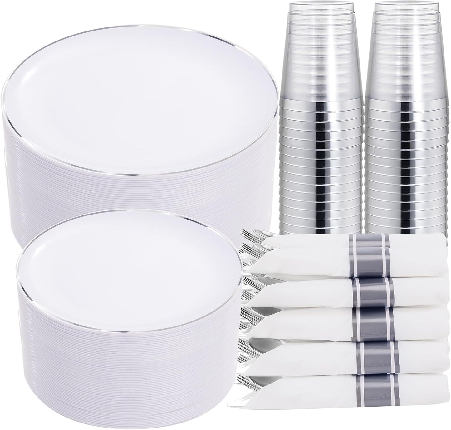 KIRE 350 PCS Plastic Dinnerware Set for 50 Guests, Silver Plastic Plates Include 50 Dinner, 50 Dessert Plates, 50 Pre Rolled Napkins with Silverware, 50 Cups for Wedding, Party, Banqet, Christmas