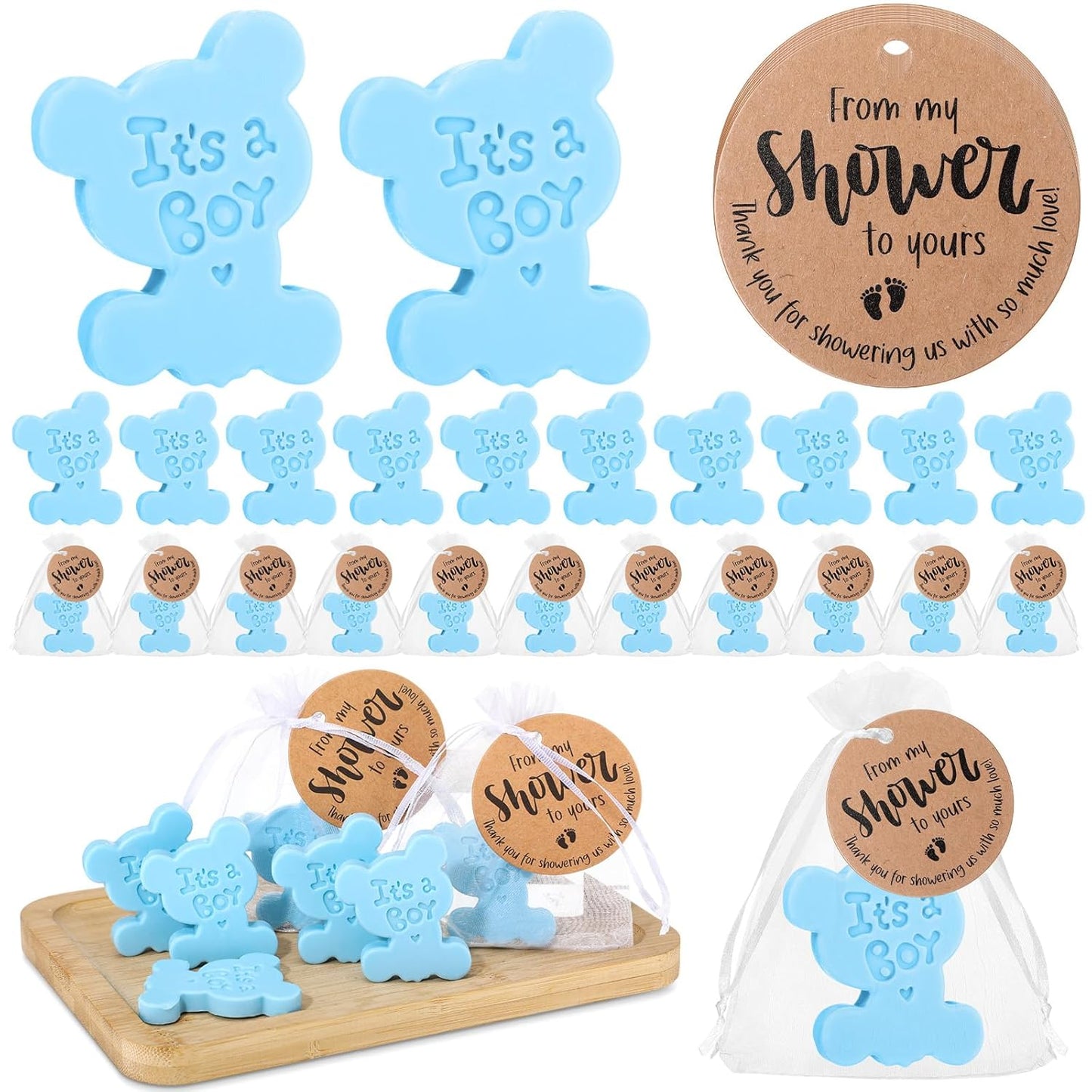 50 Sets Baby Shower Soap Favors for Guests Boy Girl Handmade Scented Soaps with Mini Thank You Tags and Organza Bags for Shower Gender Reveal Party Favors (It's A Boy)