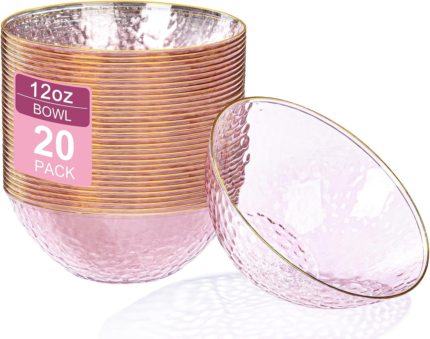 Rubtlamp 20 Pack Clear Pink Disposable Bowls, Pink Plastic Bowls with Gold Rim, 12-16oz Premium Heavy Duty Plastic Dinner Bowls for Party, Wedding and Holiday