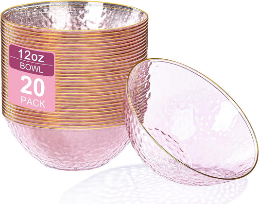 Rubtlamp 20 Pack Clear Pink Disposable Bowls, Pink Plastic Bowls with Gold Rim, 12-16oz Premium Heavy Duty Plastic Dinner Bowls for Party, Wedding and Holiday
