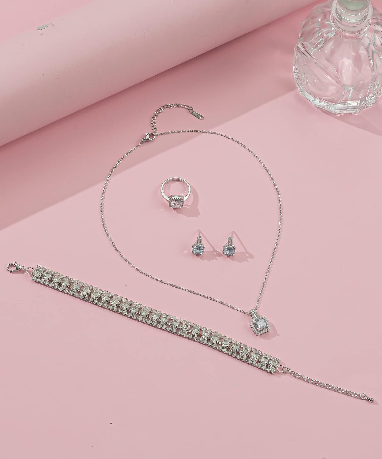 4pcs Cubic Zirconia Wedding Jewelry Sets for Bride Bridesmaid Cubic Zirconia Pendant Necklace Earrings Link Tennis Bracelet Open Ring Set for Women