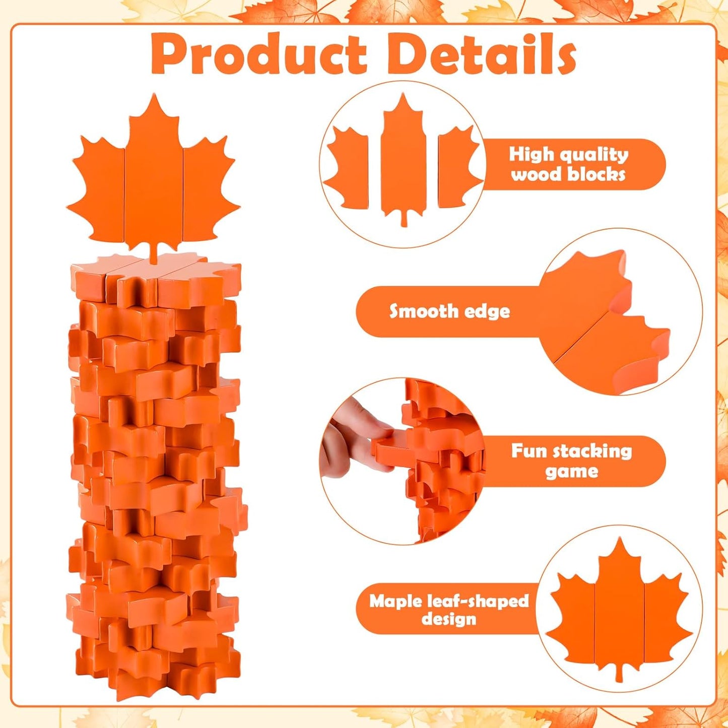 Tower Stacking Game Fall Maple Leaves Wooden Blocks Tumbling Tower and Balancing Game for Adults Thanksgiving Team Building Friends Group Coworkers Games Fun Party Activities