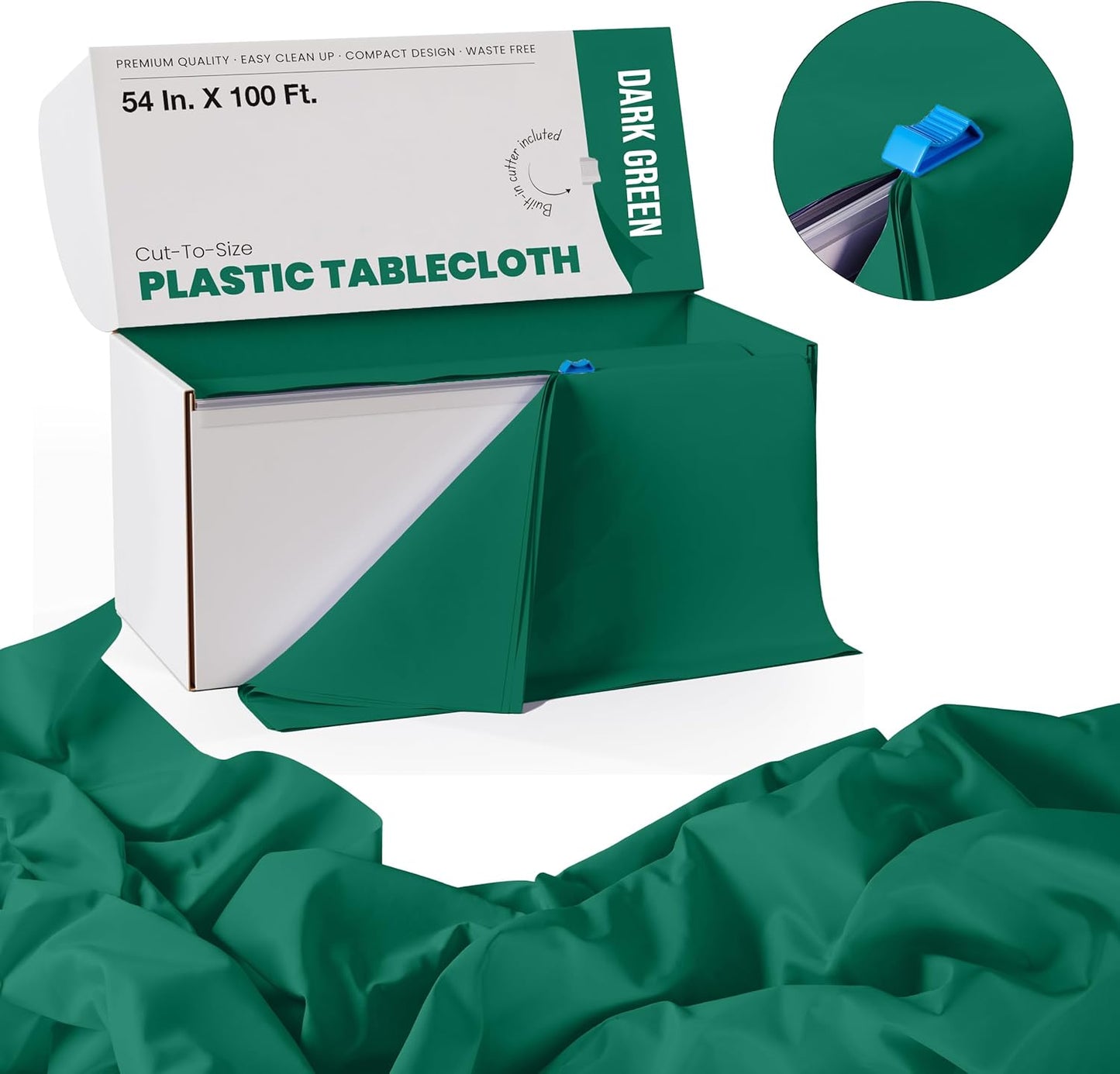 Party Solids 54 Inch X 100 Feet Dark Green Plastic Table Cover Roll in A Cut - to - Size Box with Convenient Slide Cutter. Cuts Up to 12 Rectangle 8 Feet Plastic Disposable Tablecloths