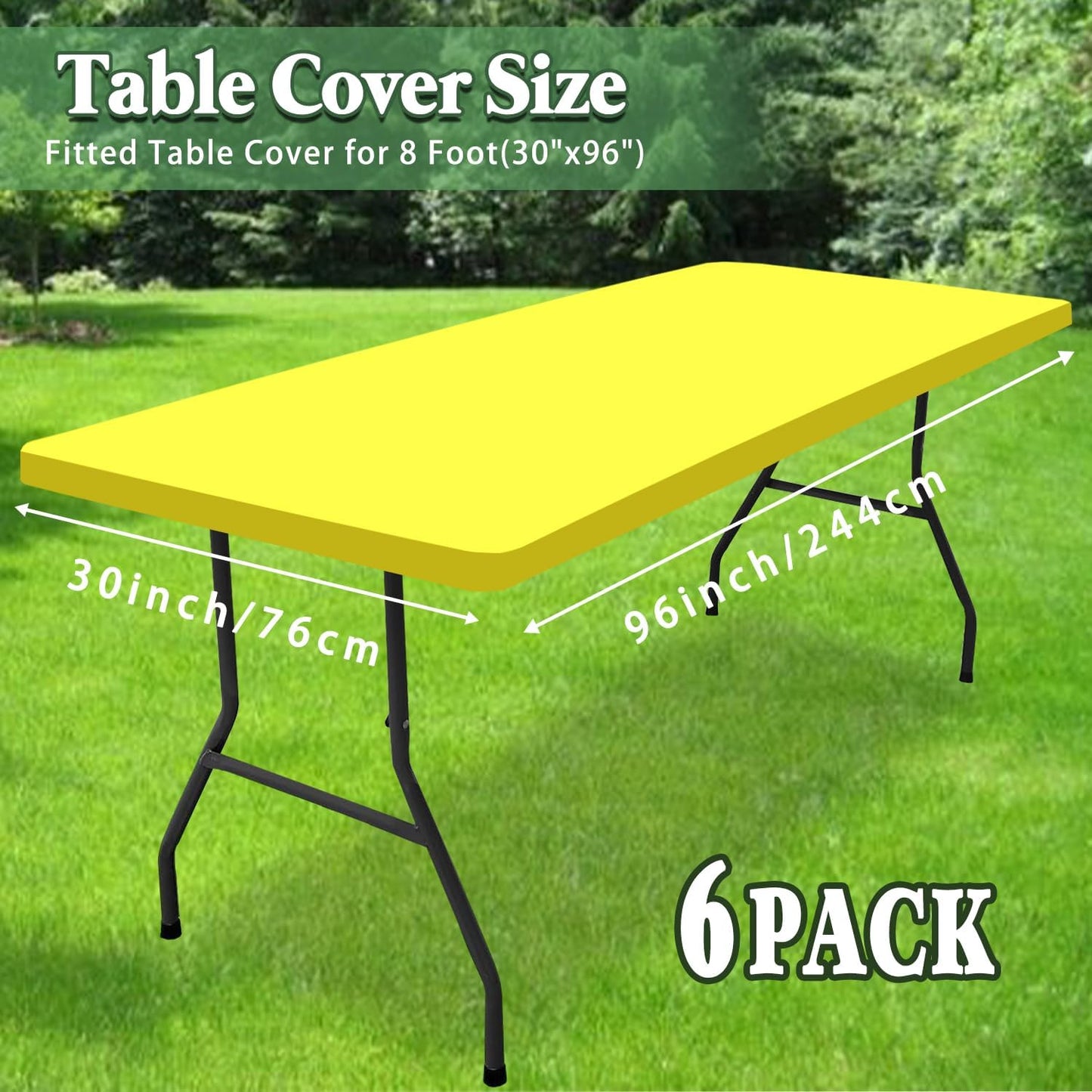 6 Pack Picnic Table Cover Fitted Tablecloths 8 Foot Rectangle Tables Elastic Waterproof Stretch Washable Patio Folding Outdoor Spandex Table Cloth for Camping Banquet and Parties (Yellow,30" x 96")