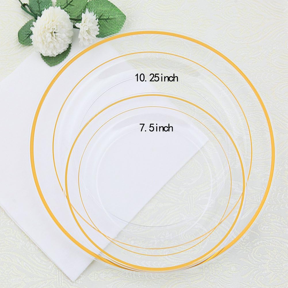 I00000 60 Pcs Clear Gold Plastic Plates, Gold Disposable Plates Includes: 30 Dinner Plate 10.25" and 30 Dessert Plate 7.5 ", Premium Clear Plate Prefect for Wedding and Gold Plates Party/Birthday