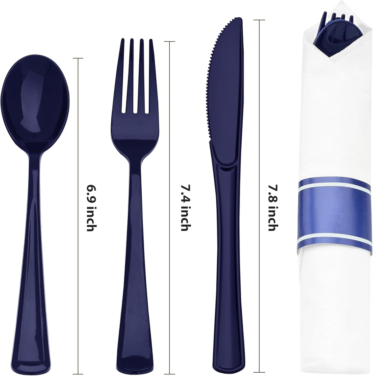 Goodluck 50 Set Dark Blue Pre Rolled Plastic Cutlery Set, Wrapped Silverware Set with 50 Forks, 50 Knives, 50 Spoons and 50 Napkins, Perfect for Party, Wedding, Christmas