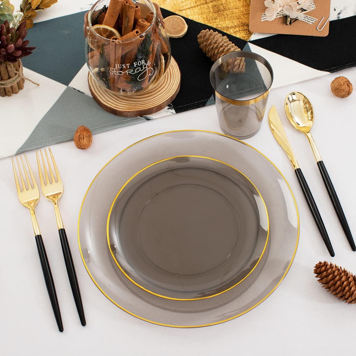 Supernal 180pcs Black Plastic Dinnerware Set Include Gold and Black Plates,Clear Disposable Plates,Gold Plastic Silverware，Clear Cups Suit for Party, Birthday