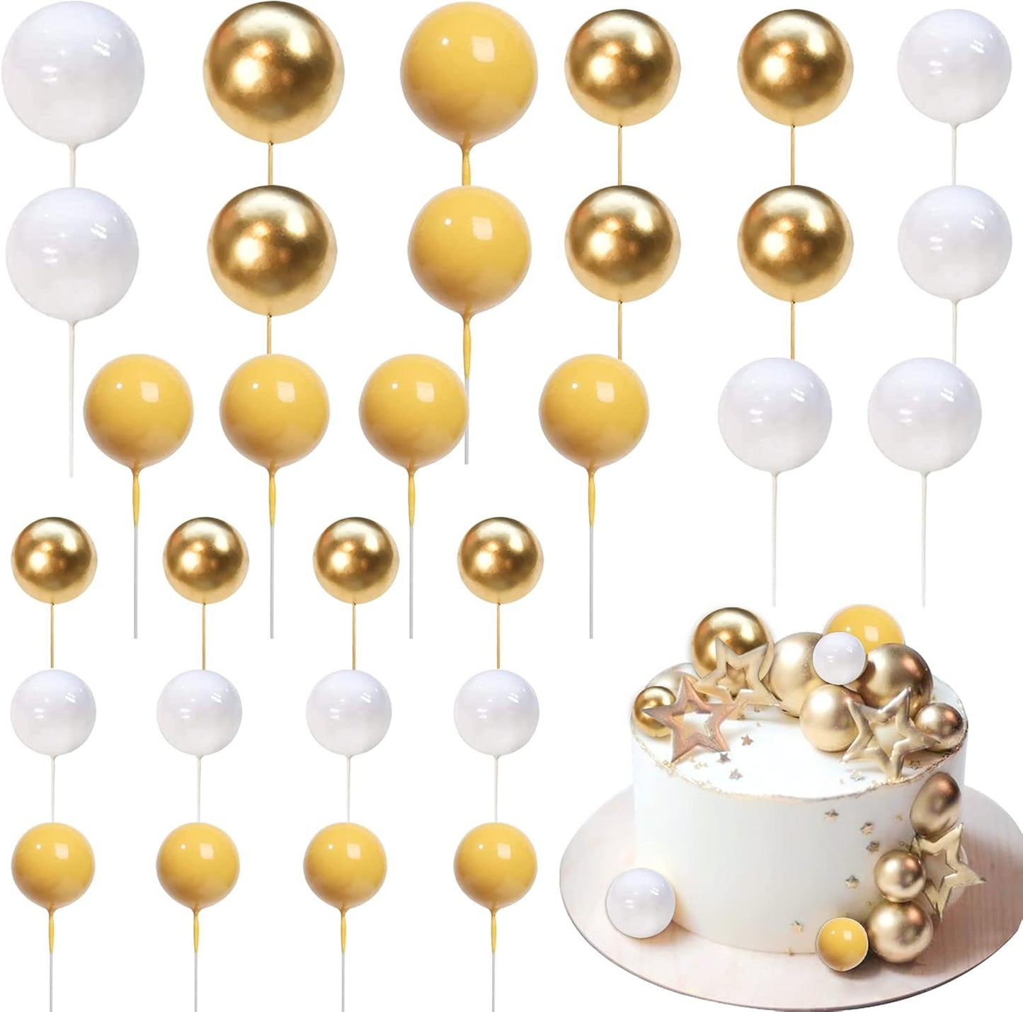 Rsstarxi 30 PCS Bubble Balls Cake Topper Foam Ball Cake Picks Mini Balloon Cupcake Insert DIY Decoration for Baby Shower Anniversary Kids Birthday Party Cake Decorations Gold Yellow White